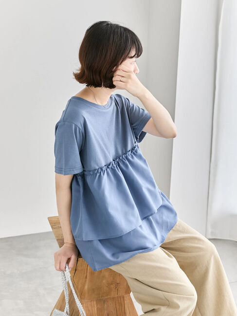 Samansa Mos2 blue「【接触冷感】ドッキングティアードプルオーバー」|Tシャツ・カットソー|