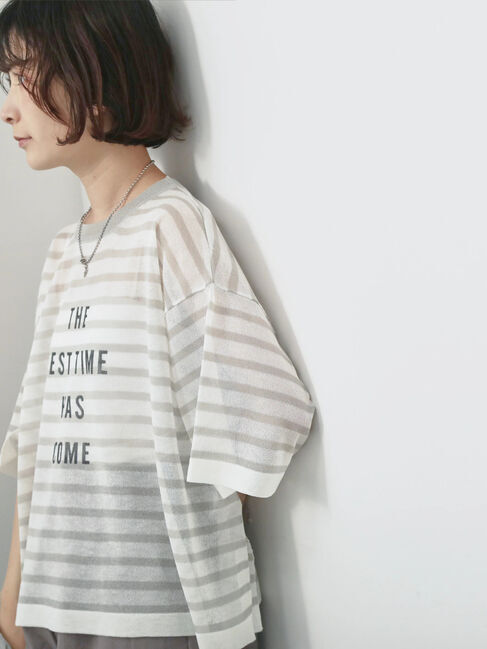 Samansa Mos2 blue「ボーダーロゴニットプルオーバー」|ニット・セーター|