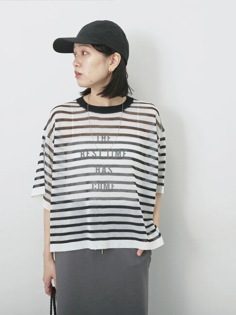 Samansa Mos2 blue「ボーダーロゴニットプルオーバー」|ニット・セーター|