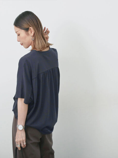 Samansa Mos2 blue「【接触冷感】ドルマンギャザー刺繍Tシャツ」|Tシャツ・カットソー|