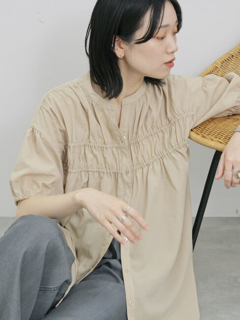 Samansa Mos2 blue「シャーリングチュニック」|シャツ・ブラウス|ライトベージュ