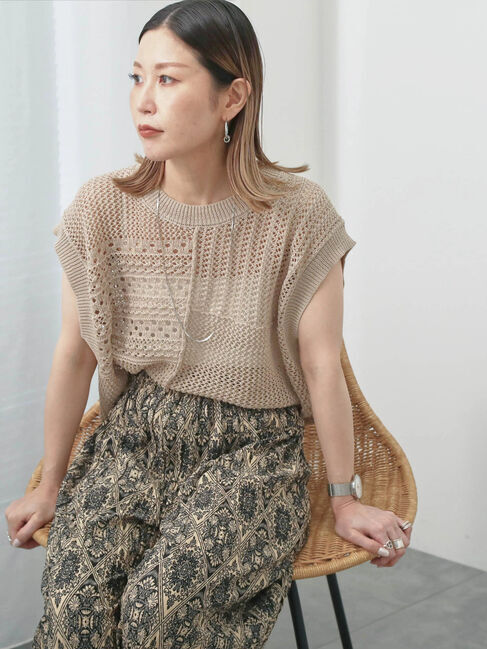 Samansa Mos2 blue「麻タッチパッチワークニットベスト」|ニット・セーター|