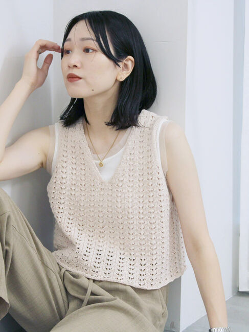 Samansa Mos2 blue「テープヤーン透かしニットベスト」|ニット・セーター|