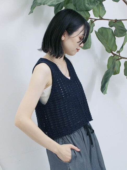 Samansa Mos2 blue「テープヤーン透かしニットベスト」|ニット・セーター|