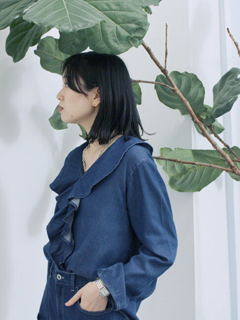 Samansa Mos2 blue「【ECO DENIM 】フリルブラウス」|シャツ・ブラウス|