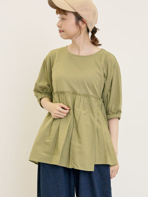 Samansa Mos2「布帛ギャザー貼りカットソー」|Tシャツ・カットソー|グリーン
