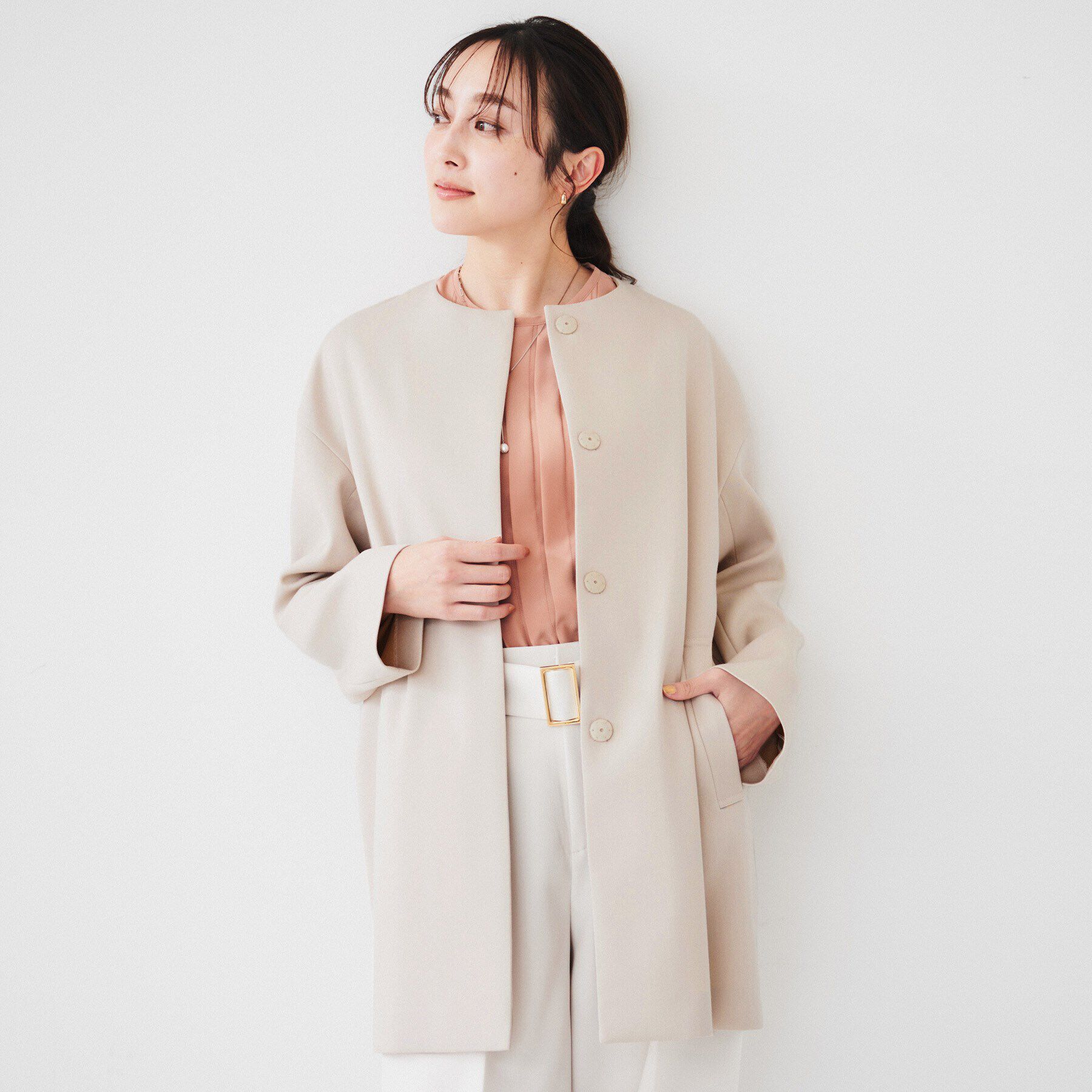 UNTITLED「ダブルクロス ノーカラーコート」|ノーカラーコート|ライトベージュ(05