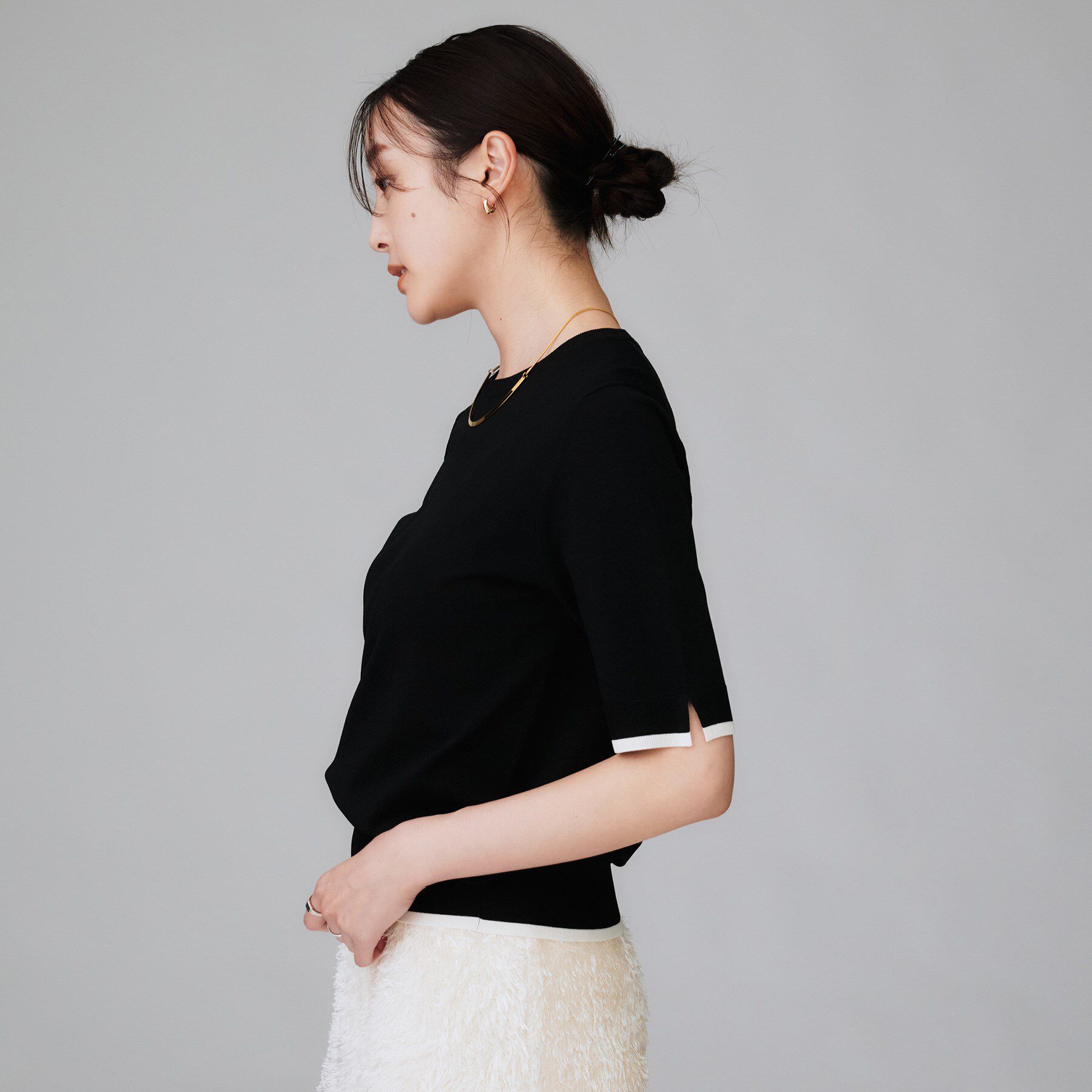 UNTITLED「【アンサンブル可/薄手/洗える】5分袖クルーニット」|ニット・セーター|