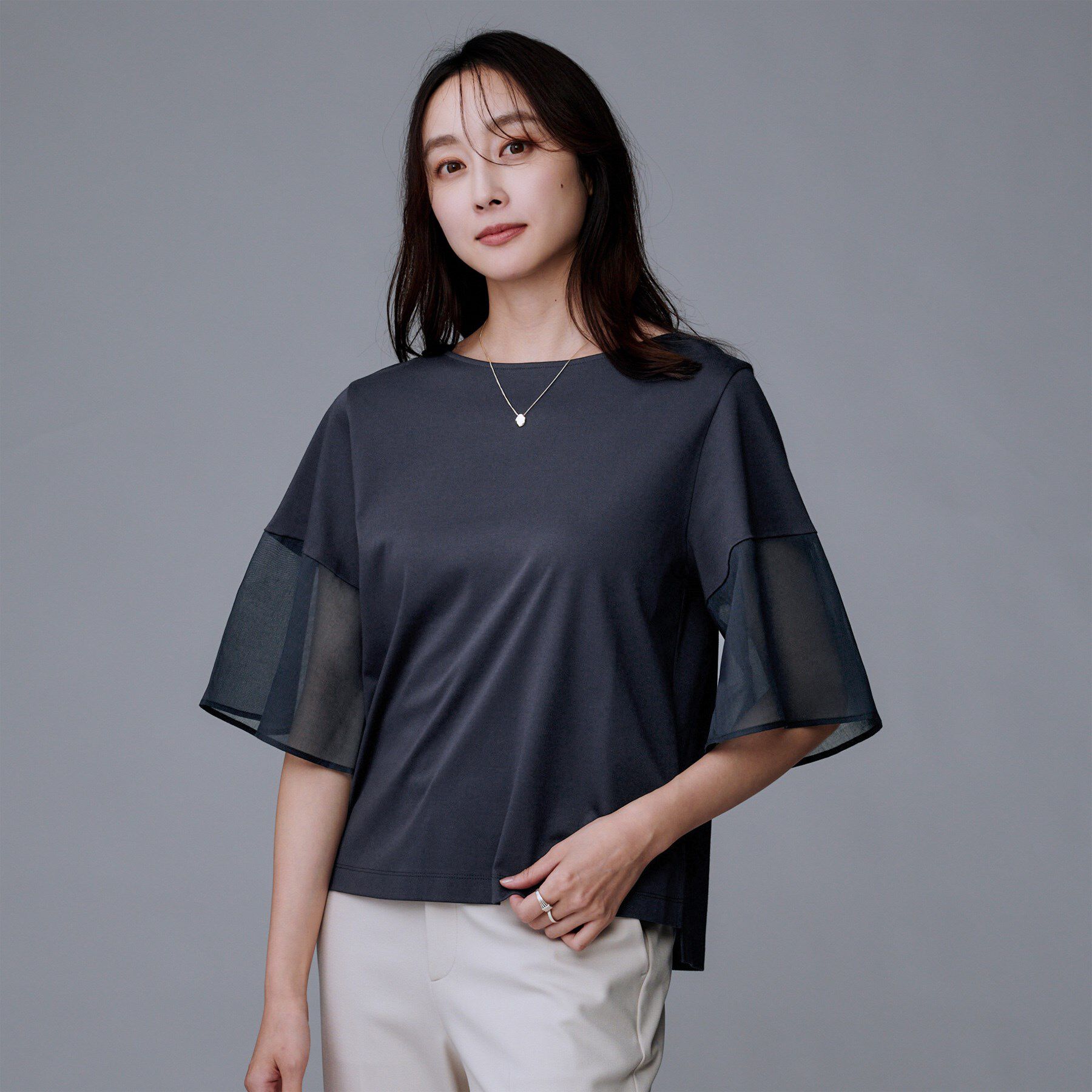 UNTITLED「【洗える/五分袖】シアースリーブ プルオーバー」|Tシャツ・カットソー|