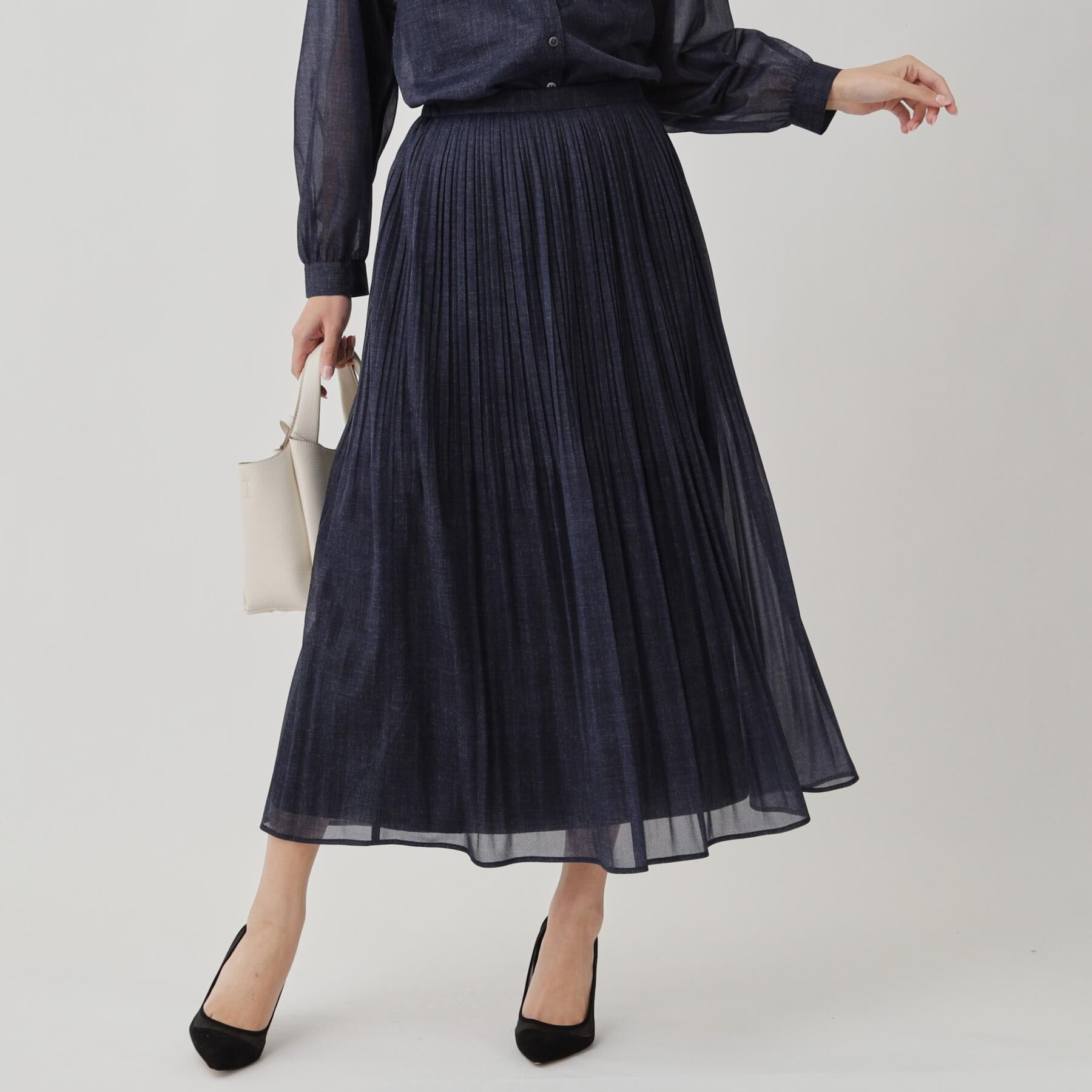 COUP DE CHANCE「【手洗い可／ウエストゴム】デニム柄プリントのプリーツスカート」|スカート|