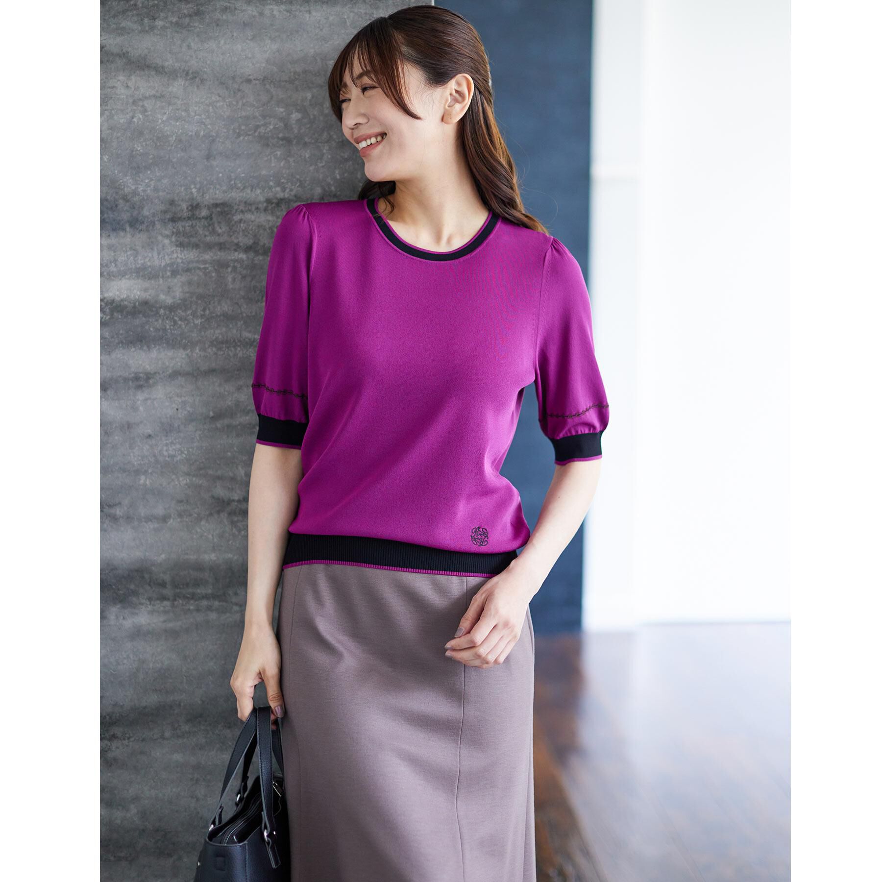 Reflect「【WEB先行カラーあり／手洗い可／アンサンブル可】バイカラー五分袖ニット」|ニット・セーター|