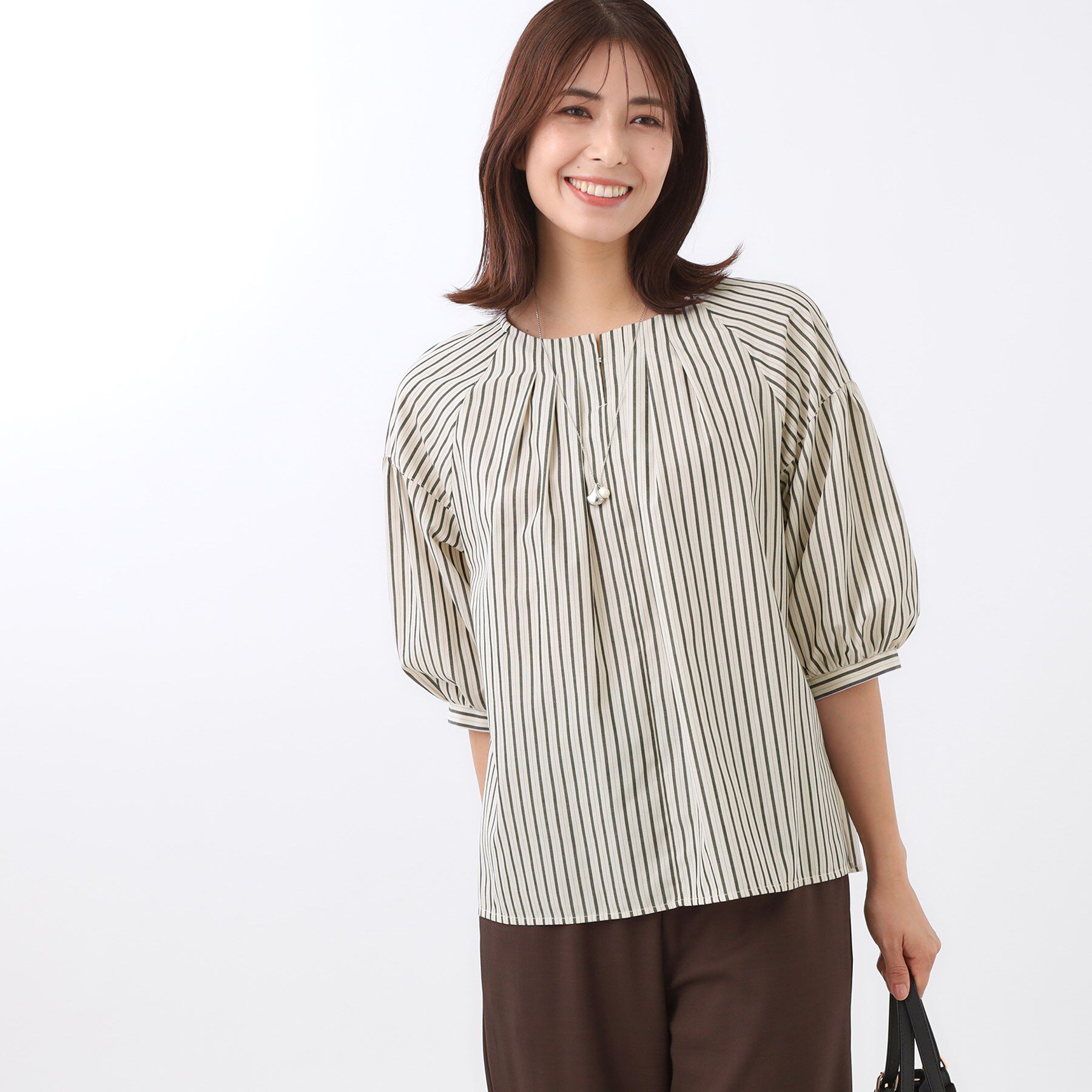 Reflect「【E‐QUALITY／体型カバー／ゆったり着られる◎】ストライプ&times;パフスリーブのブラウス」|シャツ・ブラウス|