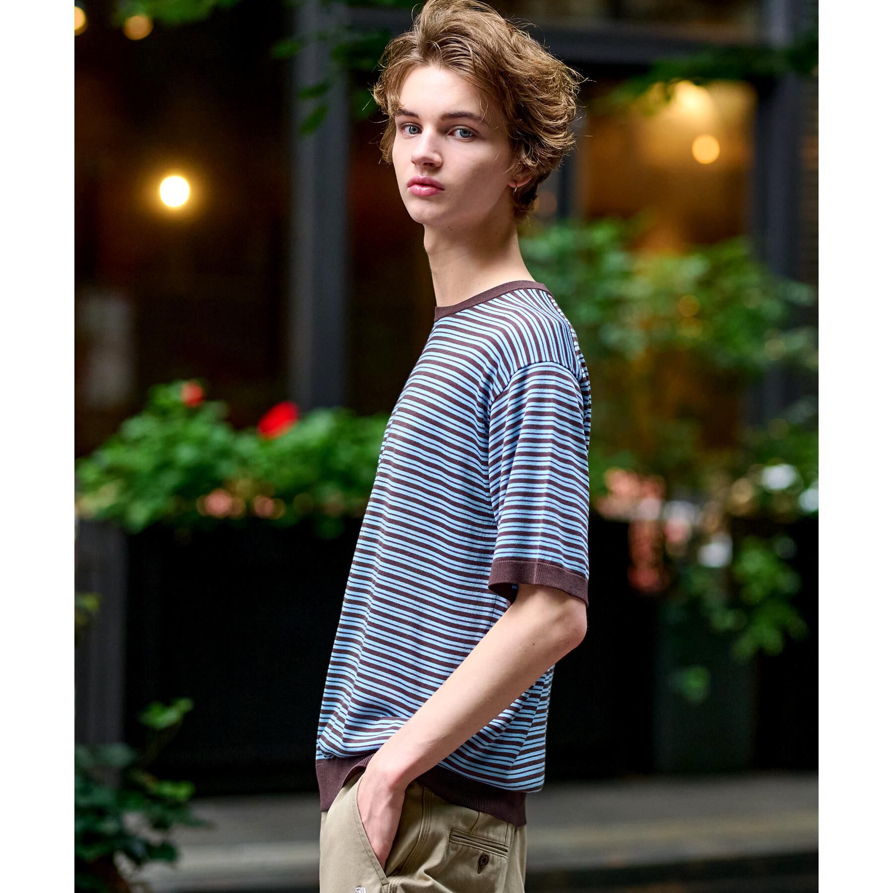 DRESSTERIOR「シルク混ボーダーハーフスリーブニットT」|ニット・セーター|