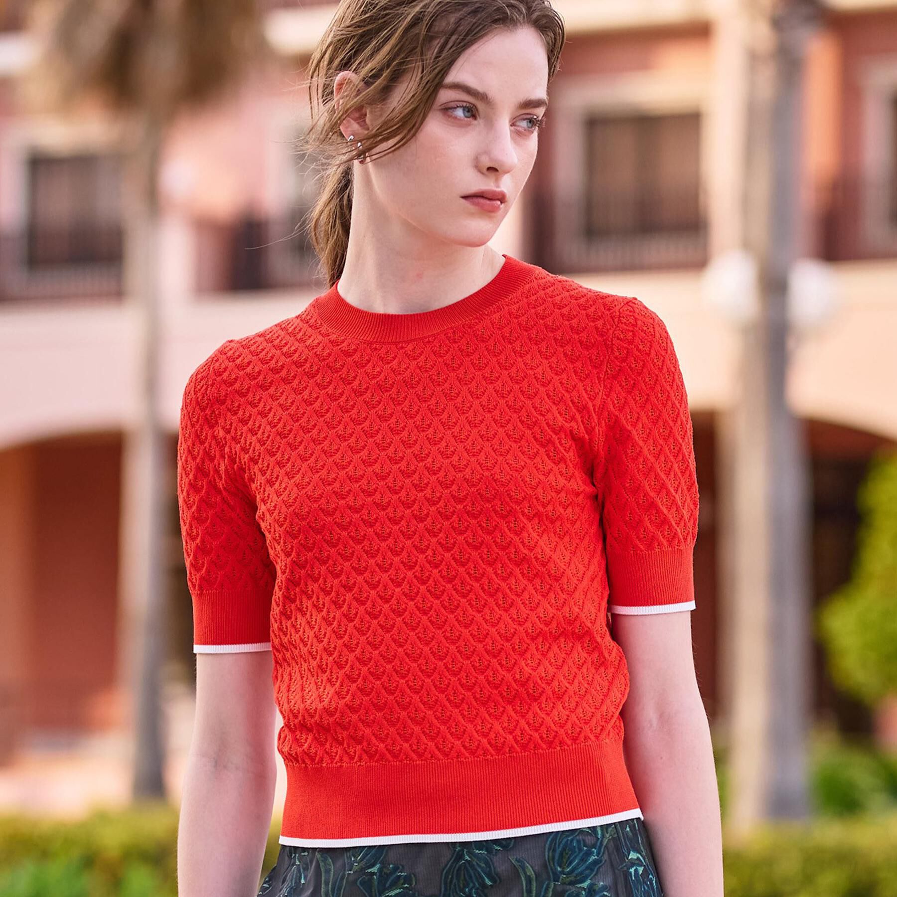 DRESSTERIOR「【6色展開/オンオフ】レース編みハーフスリーブニット」|ニット・セーター|オレンジ(067)