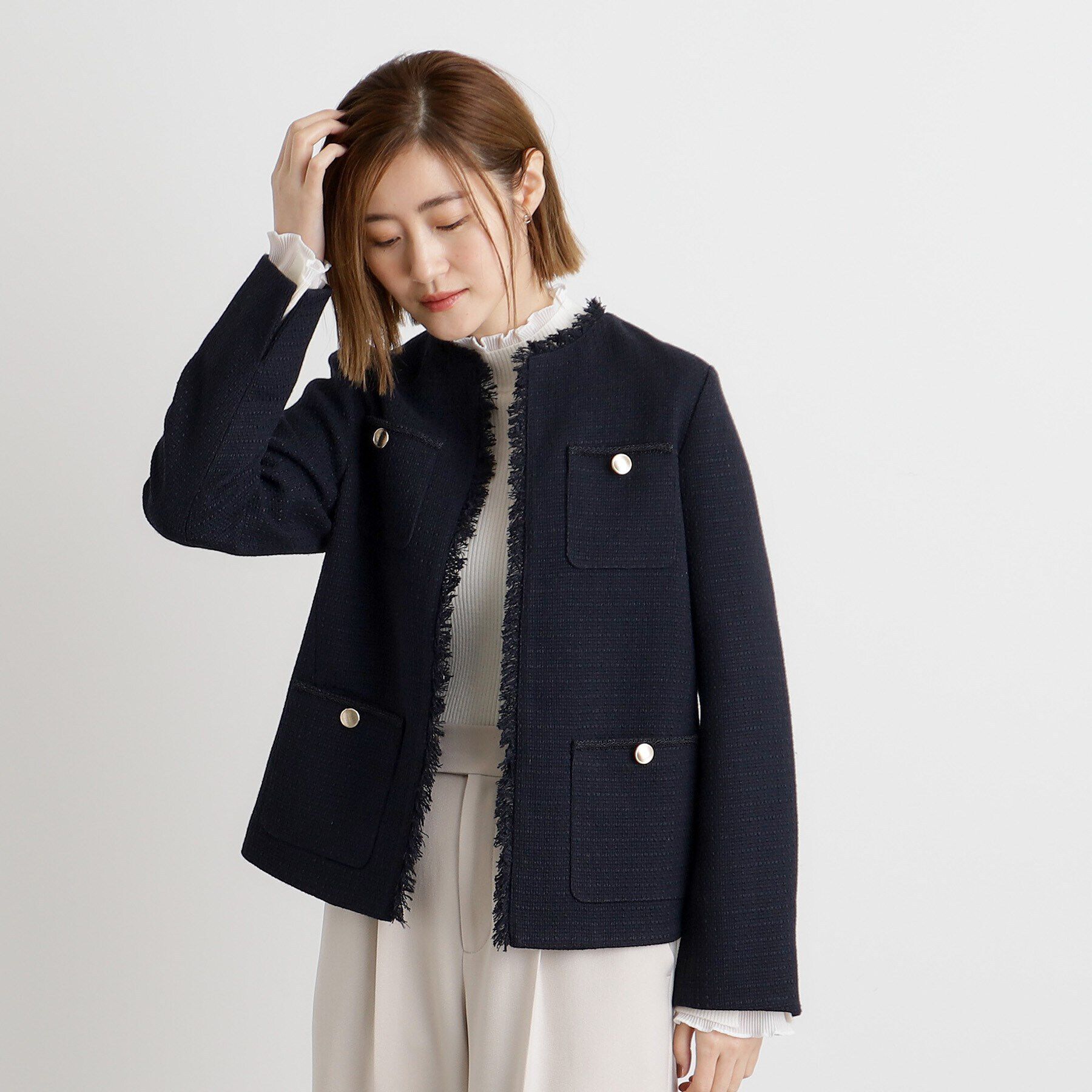 grove「フリンジツイードジャケット」|ノーカラージャケット|