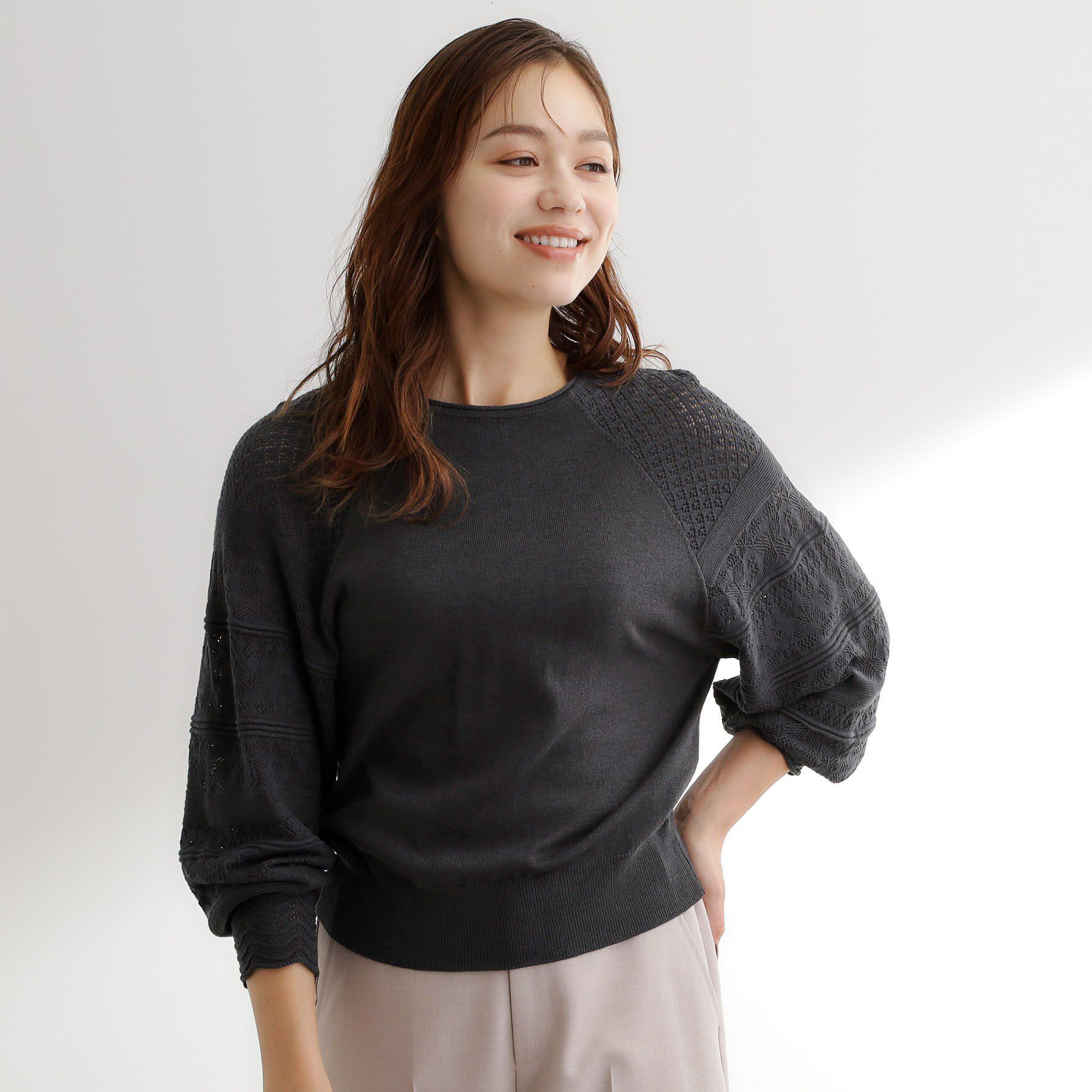 grove「【最終お値下げ！！】袖レース編みラグランスリーブニット」|ニット・セーター|チャコールグレー(0