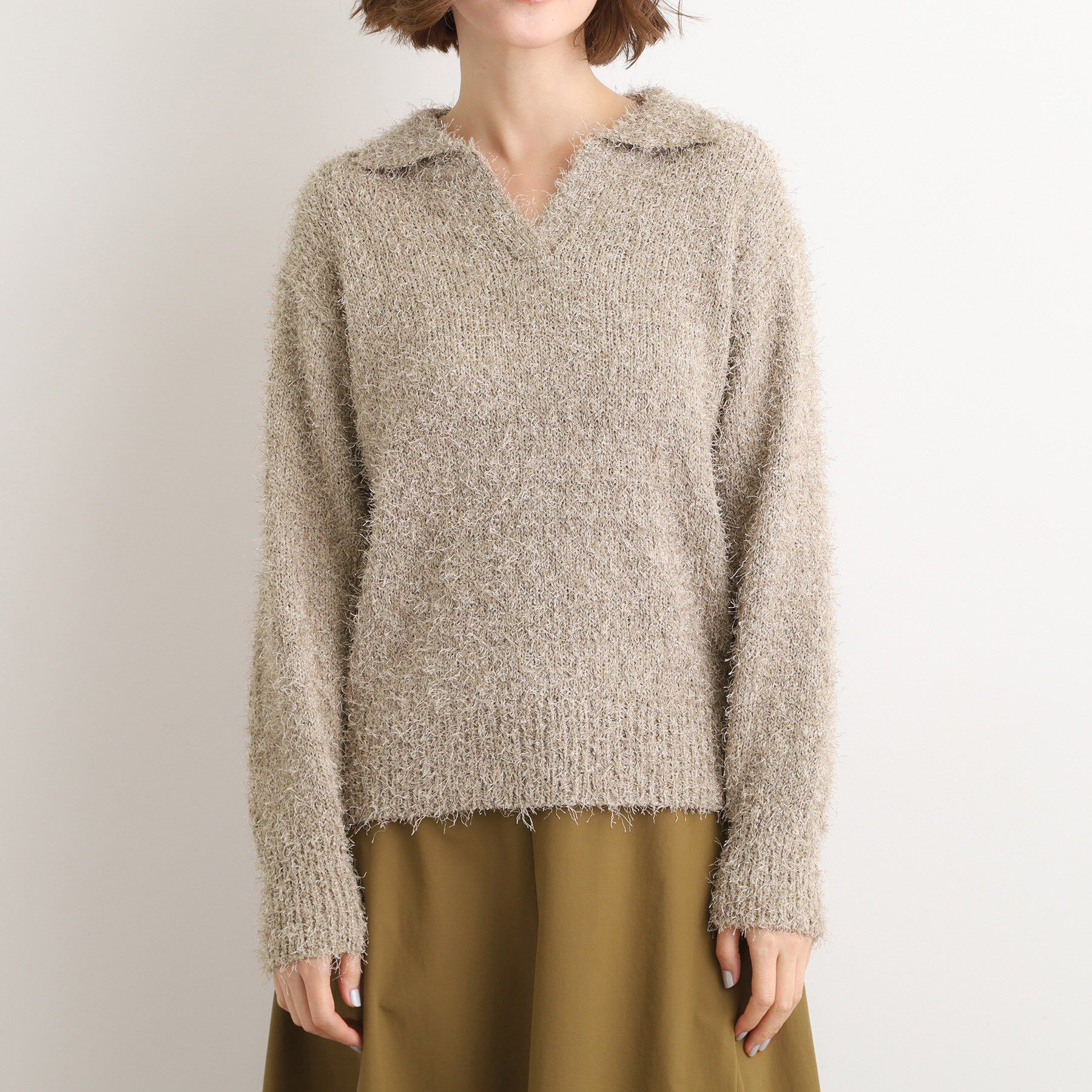 grove「【最終お値下げ！！】ラメフェザーヤーン オープンカラーニット」|ニット・セーター|