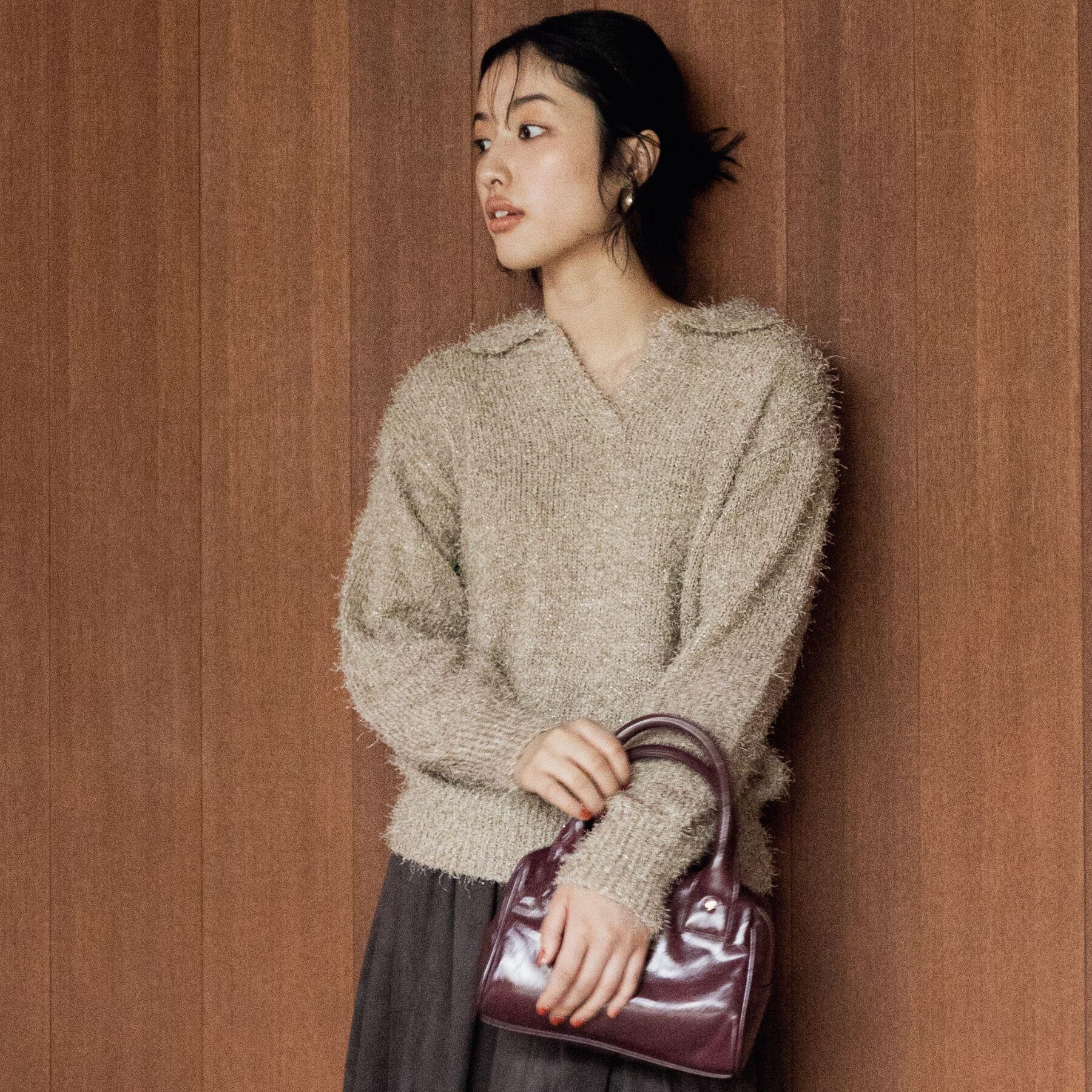 grove「【最終お値下げ！！】ラメフェザーヤーン オープンカラーニット」|ニット・セーター|