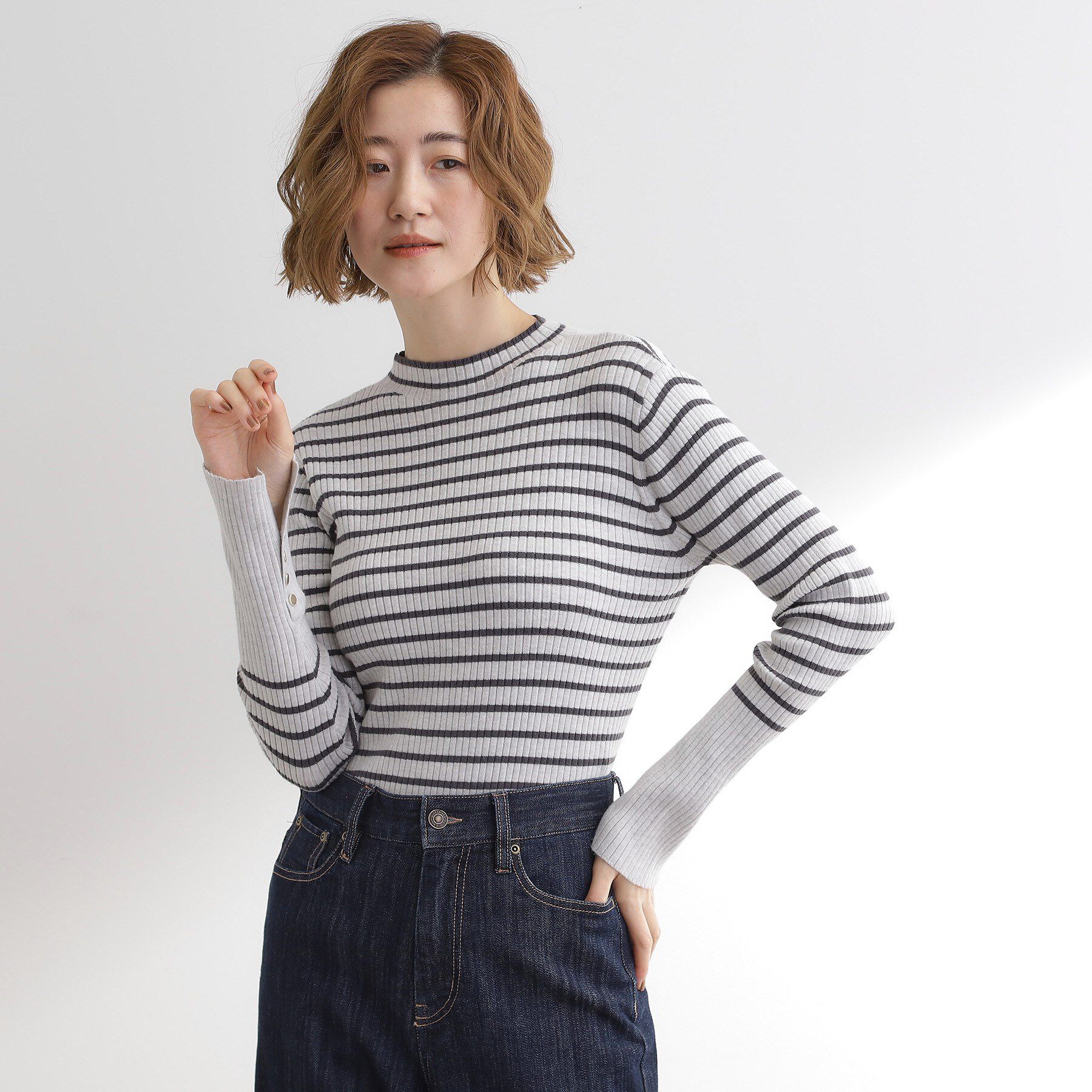 grove「【吸湿発熱／帯電防止】ハイネックリブプルオーバー」|ニット・セーター|グレーボーダー(31