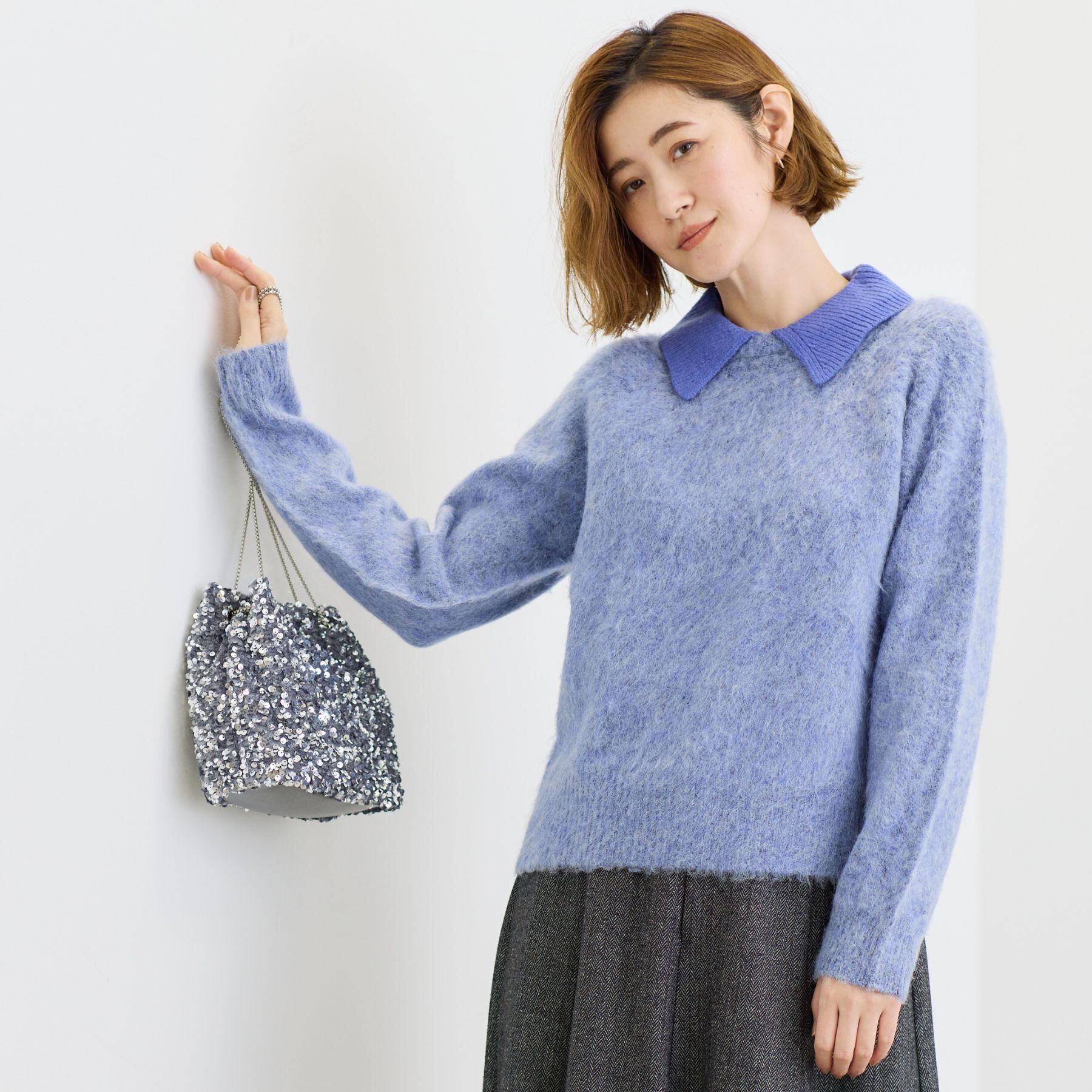 grove「異素材ビッグカラーニット」|ニット・セーター|ブルー(093)