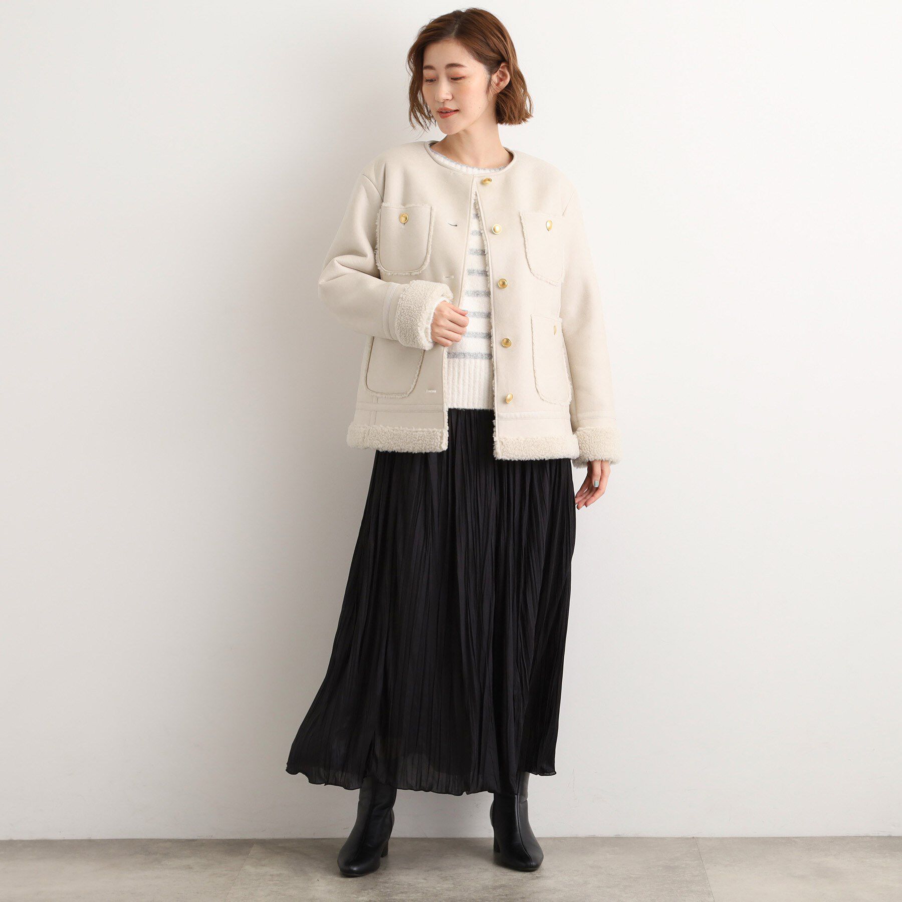 grove「フェイクムートンボアジャケット」|ノーカラーコート|