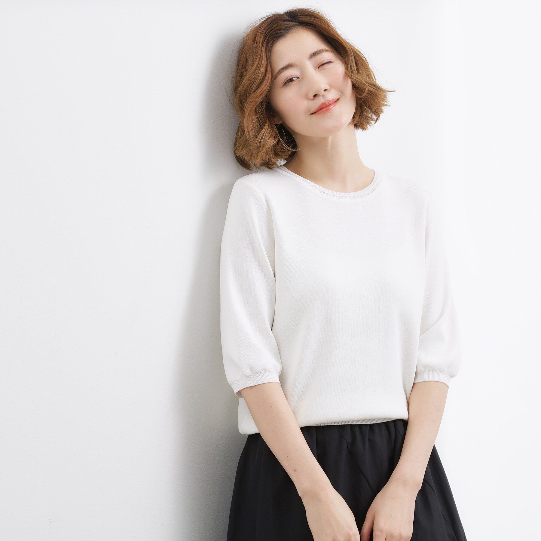 grove「新色入荷！【貴島明日香さん着用・シリーズ累計34万枚】やわらかドライタッチ 五分袖クルーネックニット」|ニット・セーター|