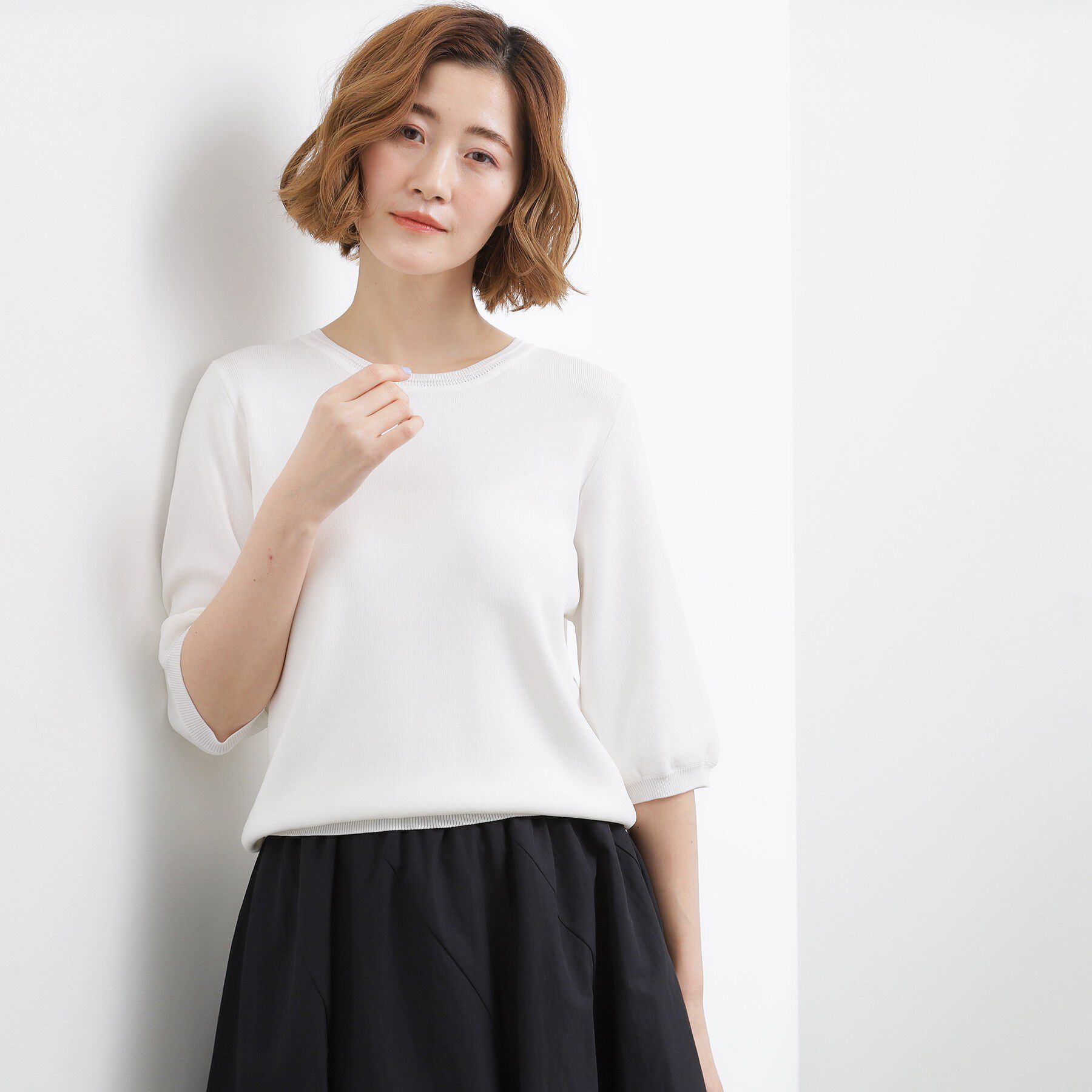 grove「新色入荷！【貴島明日香さん着用・シリーズ累計34万枚】やわらかドライタッチ 五分袖クルーネックニット」|ニット・セーター|