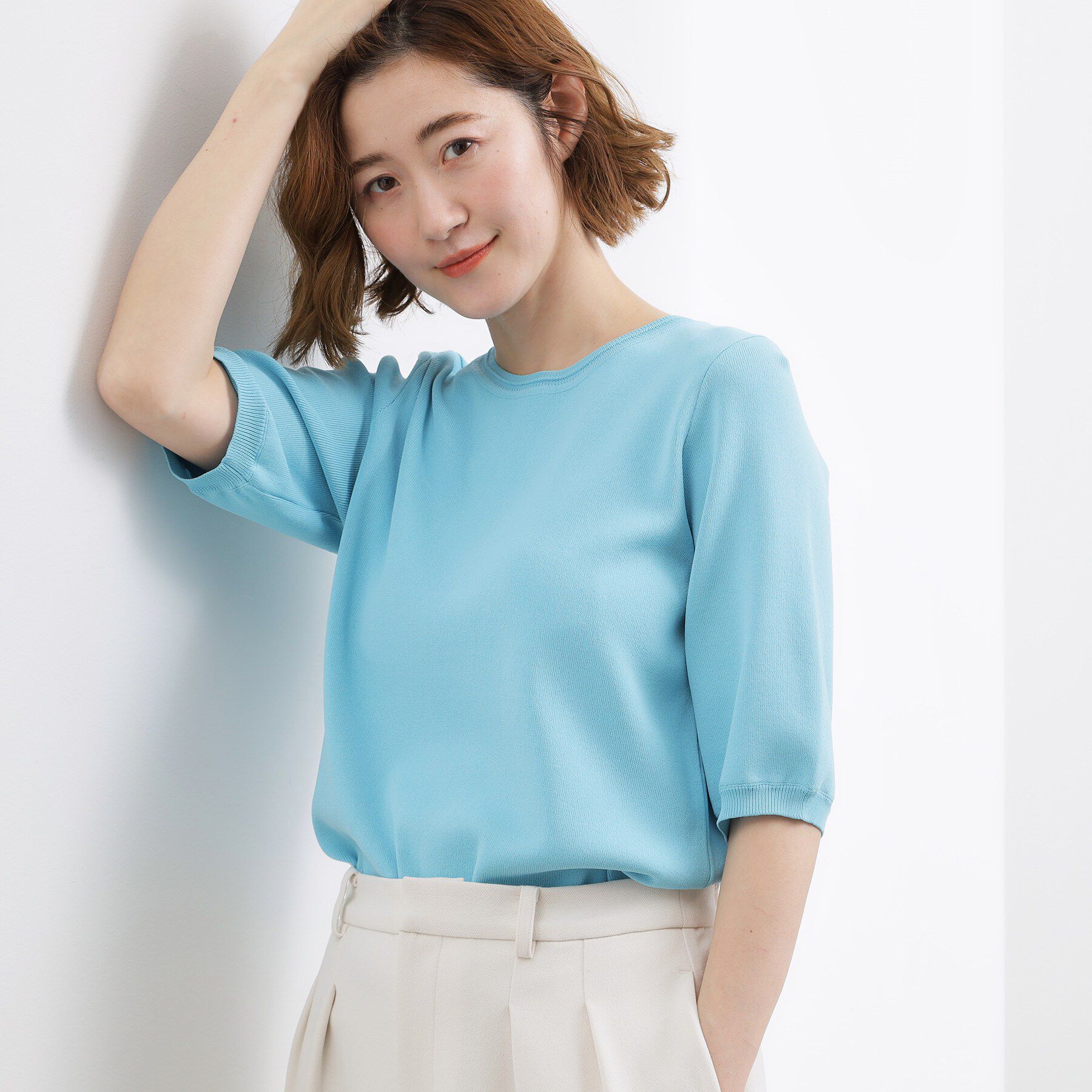 grove「新色入荷！【貴島明日香さん着用・シリーズ累計34万枚】やわらかドライタッチ 五分袖クルーネックニット」|ニット・セーター|