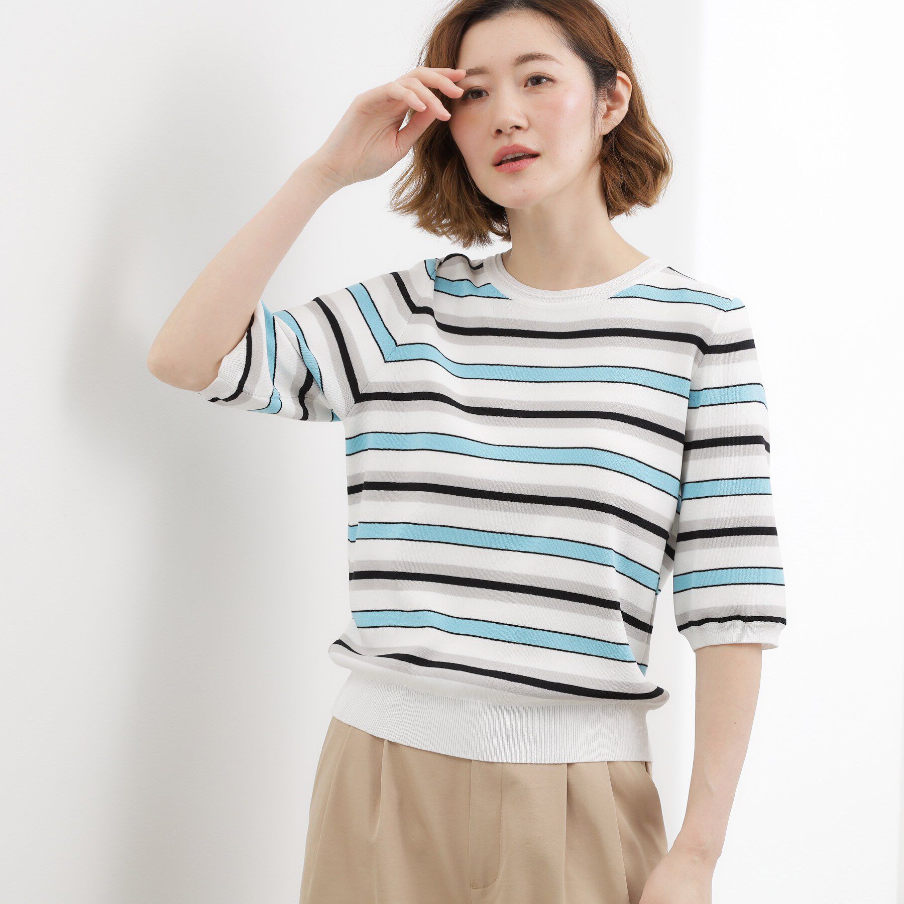 grove「新色入荷！【貴島明日香さん着用・シリーズ累計34万枚】やわらかドライタッチ 五分袖クルーネックニット」|ニット・セーター|