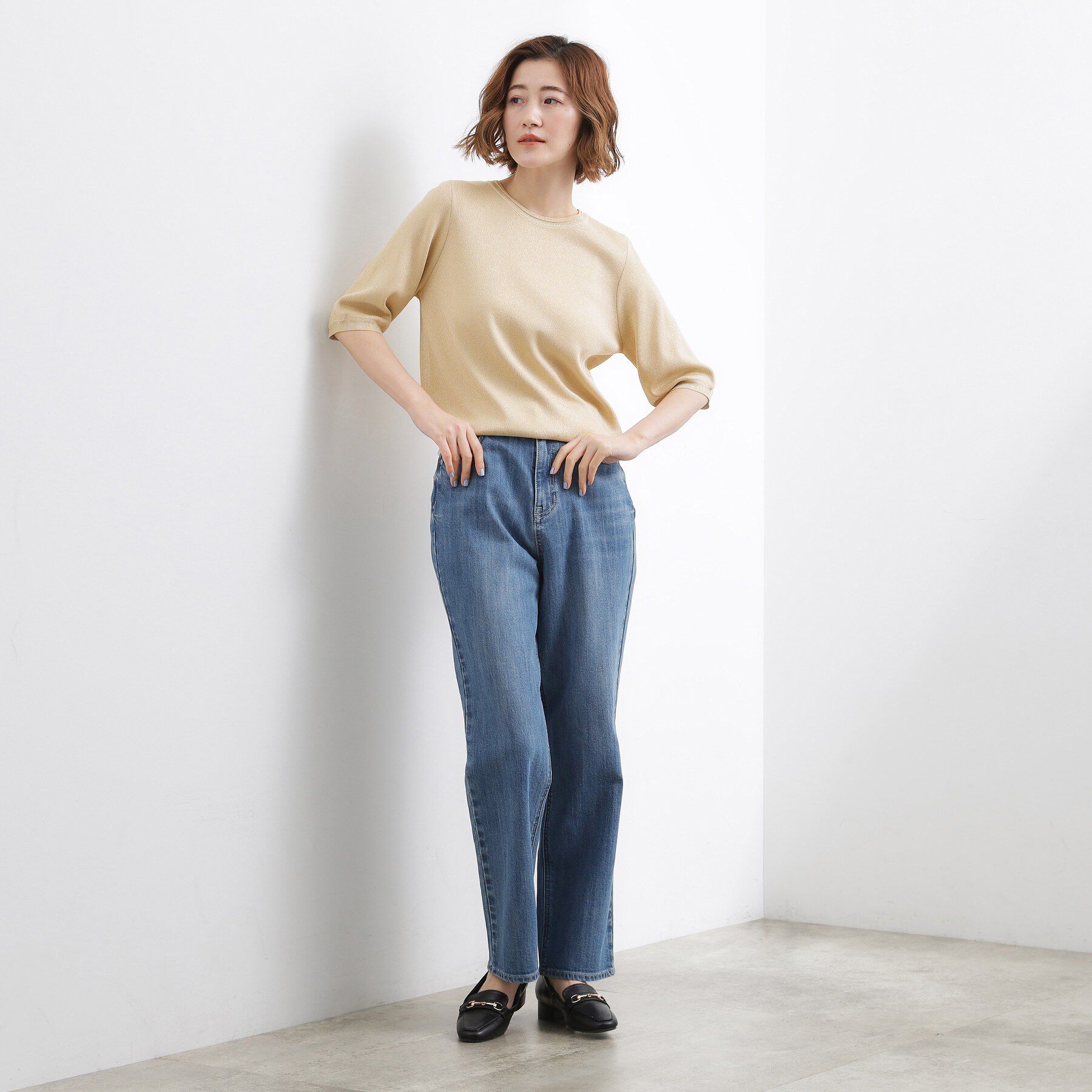 grove「新色入荷！【貴島明日香さん着用・シリーズ累計34万枚】やわらかドライタッチ 五分袖クルーネックニット」|ニット・セーター|