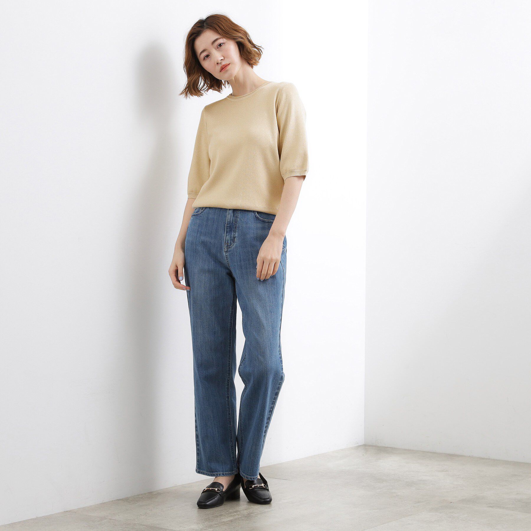 grove「新色入荷！【貴島明日香さん着用・シリーズ累計34万枚】やわらかドライタッチ 五分袖クルーネックニット」|ニット・セーター|