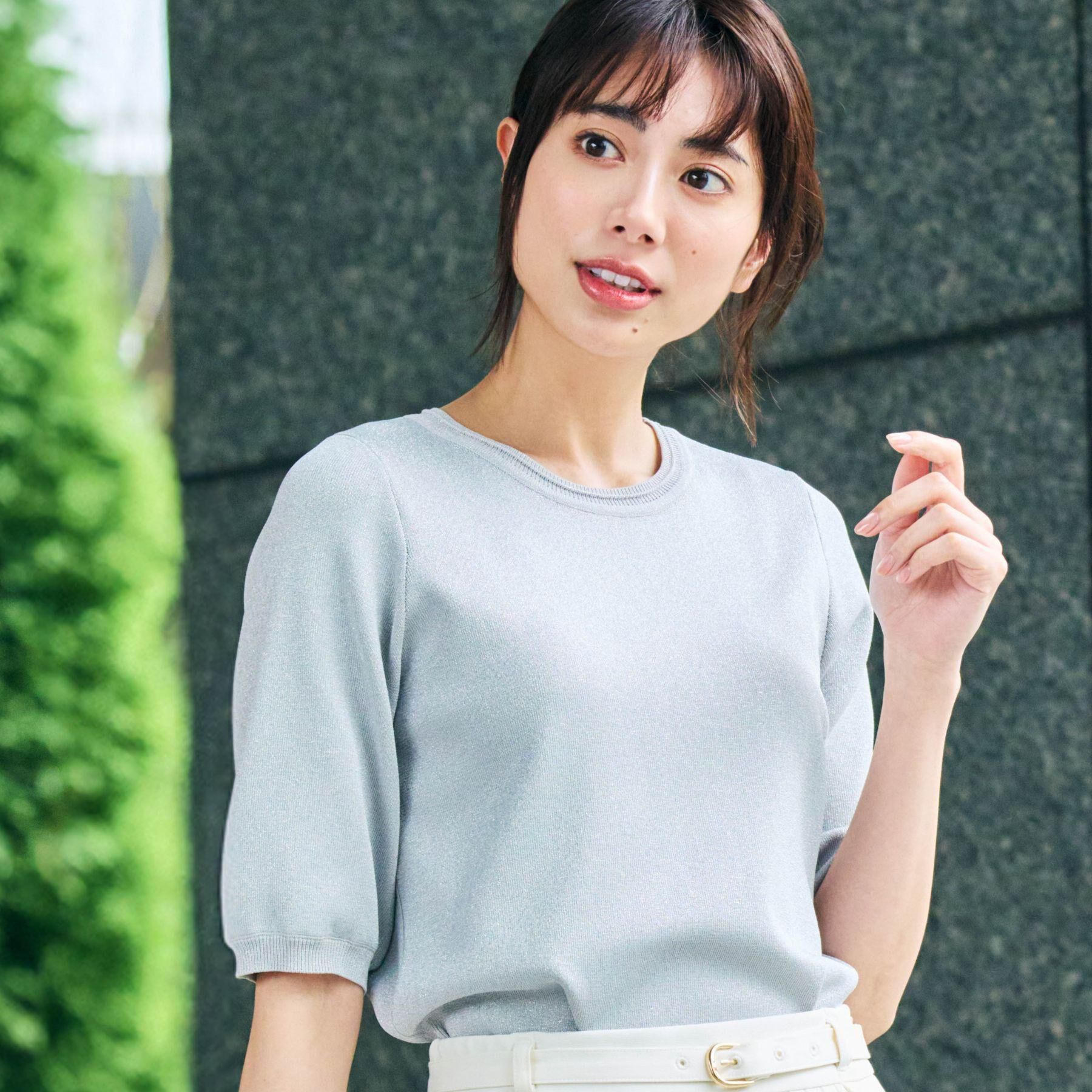 grove「新色入荷！【貴島明日香さん着用・シリーズ累計34万枚】やわらかドライタッチ 五分袖クルーネックニット」|ニット・セーター|シルバー(006)