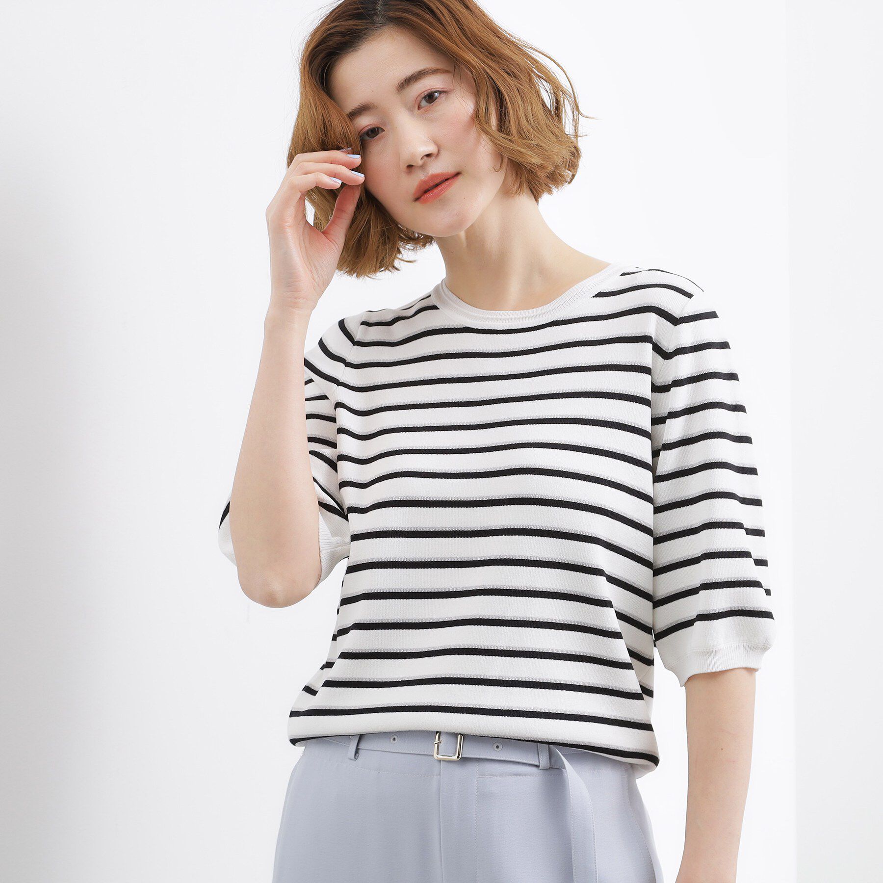 grove「新色入荷！【貴島明日香さん着用・シリーズ累計34万枚】やわらかドライタッチ 五分袖クルーネックニット」|ニット・セーター|ボーダー&times;ラメ(30