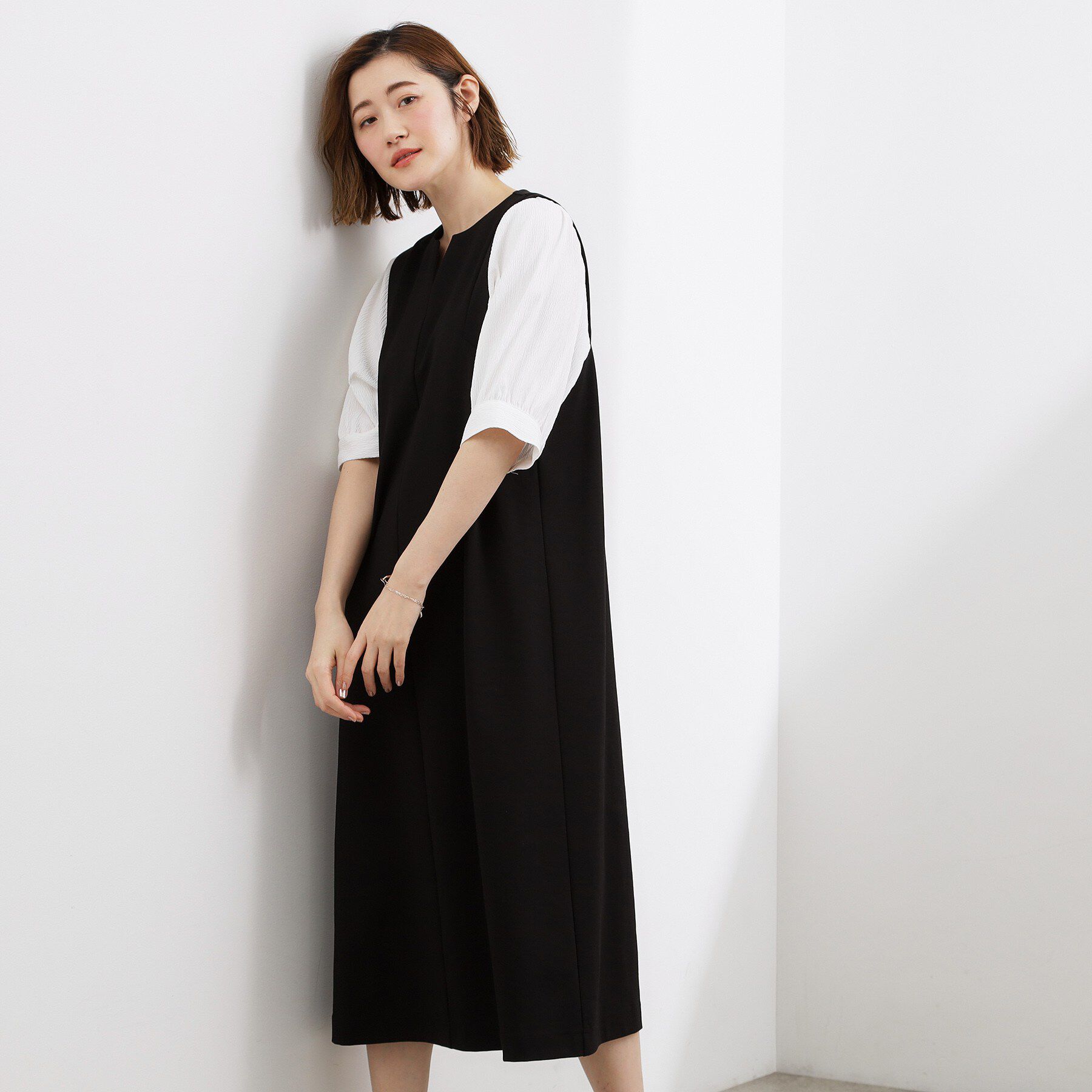 grove「【体型カバー/洗える】袖布帛ポンチワンピース」|ワンピース|