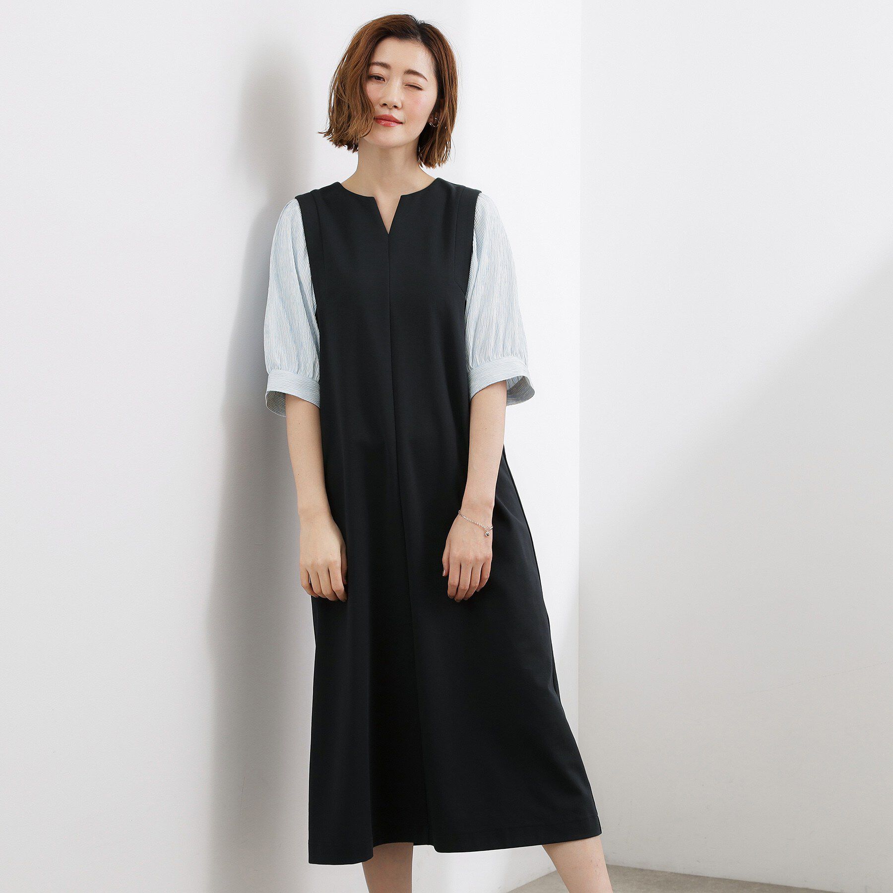 grove「【体型カバー/洗える】袖布帛ポンチワンピース」|ワンピース|