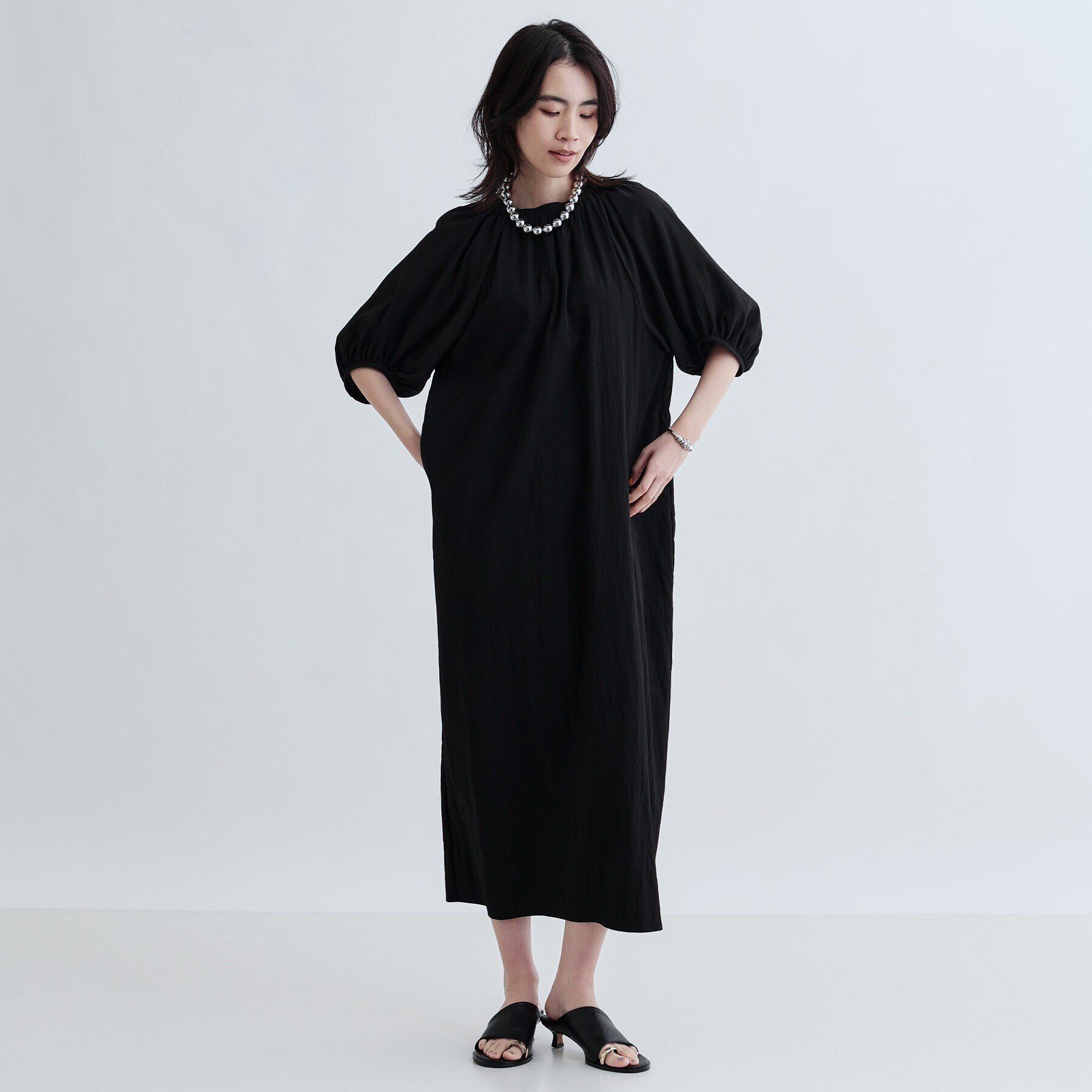 GALLEST「ソフトチュールスリーブ切替ワンピース」|ワンピース|ブラック(019)