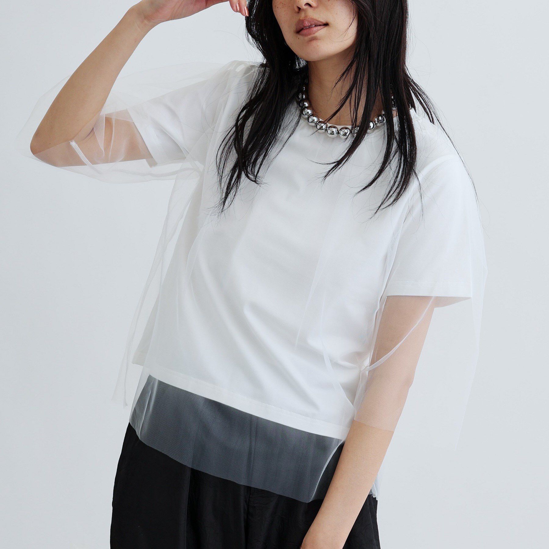 GALLEST「レイヤードチュールトップス」|Tシャツ・カットソー|ホワイト(001)