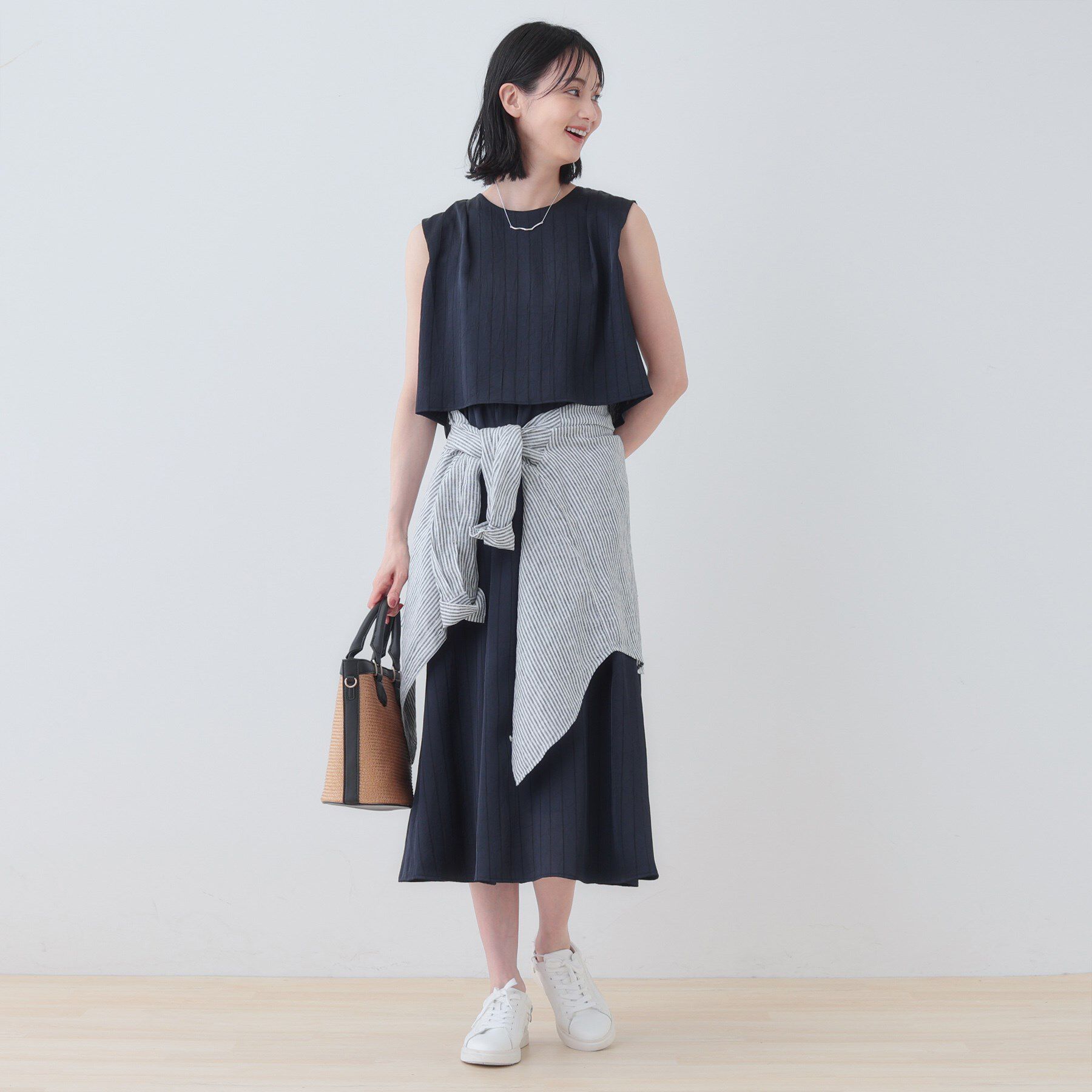 INDIVI「【洗える／UVケア／セット見え】ストライプ柄サテンワンピース」|ワンピース|