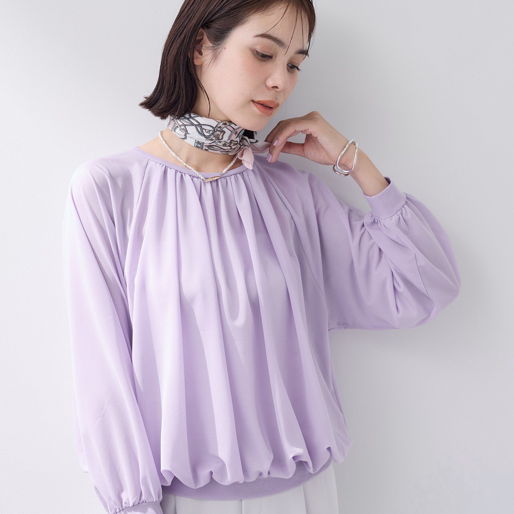 INDIVI「【体型カバー／マシンウォッシュ対応】シアージャージトップス」|Tシャツ・カットソー|ラベンダー(080)