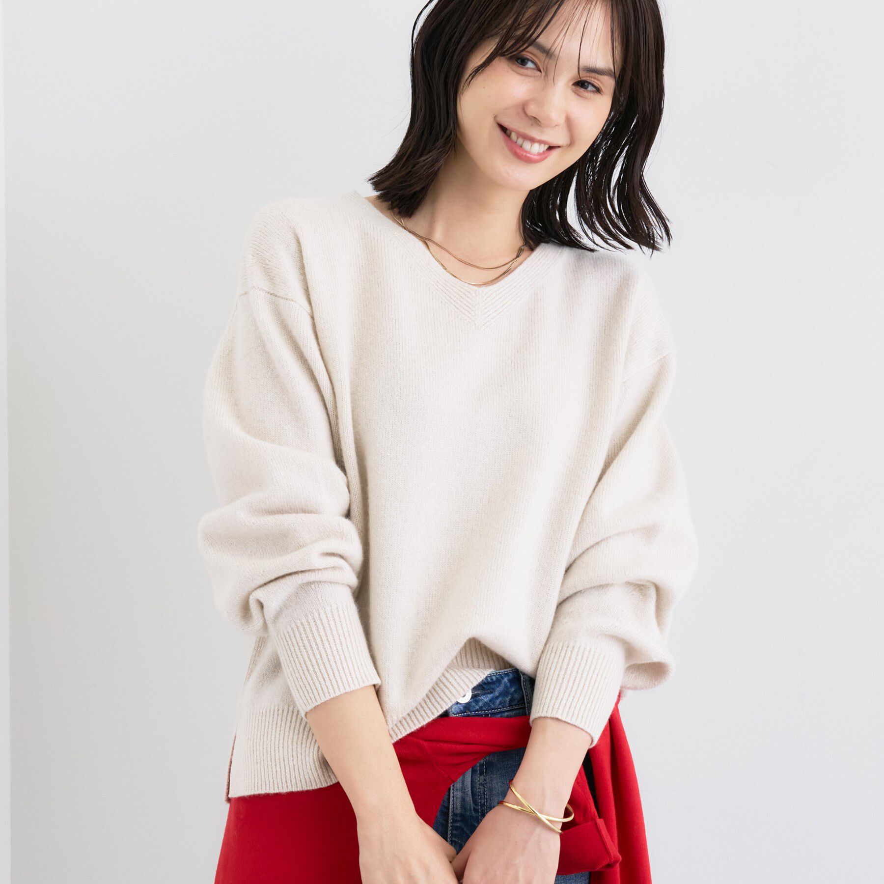 INDIVI「【洗える／カシミヤ混】ミドルゲージVネックニット」|ニット・セーター|