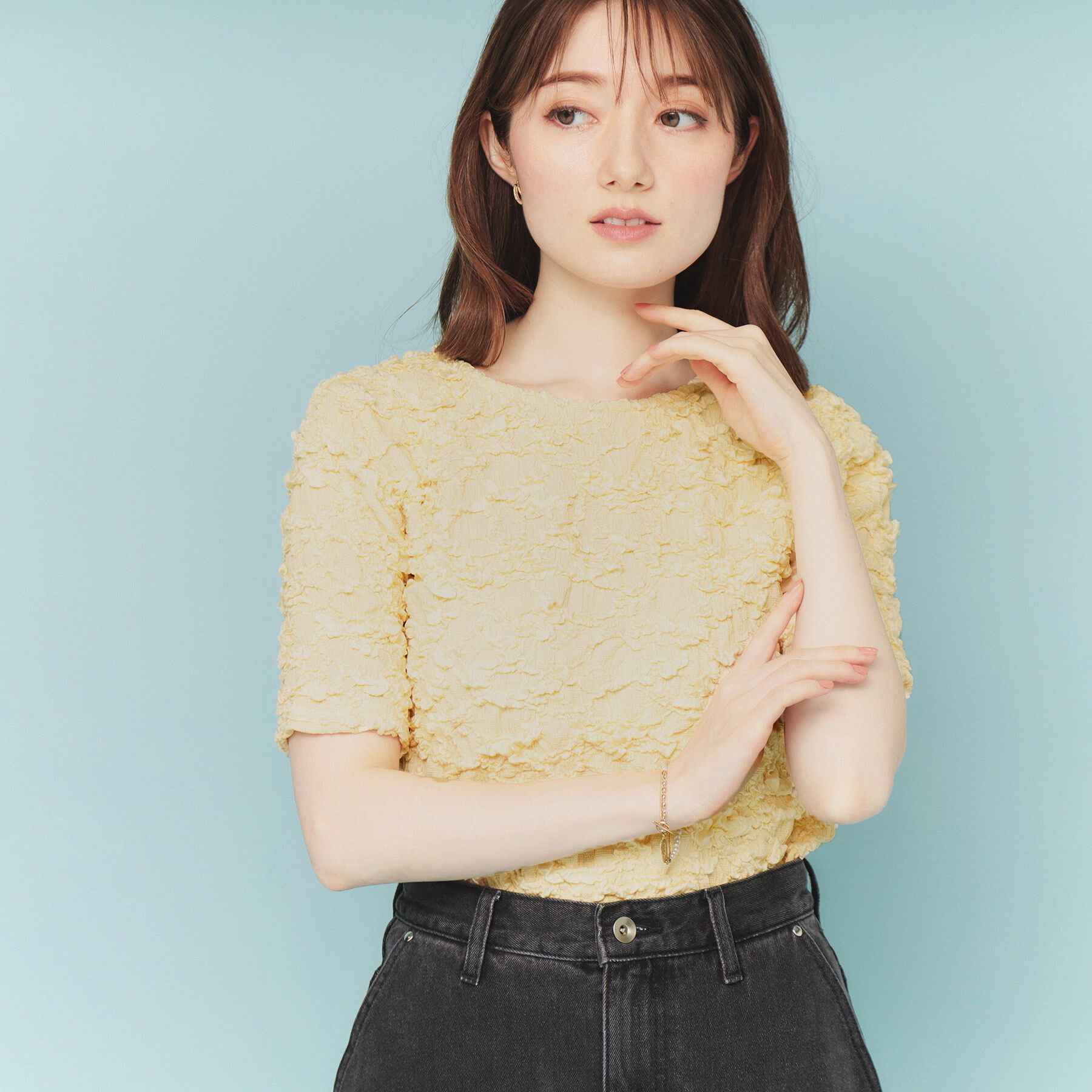 index「ジャカードコンパクトトップス【洗濯機洗い可】」|Tシャツ・カットソー|イエロー(031)