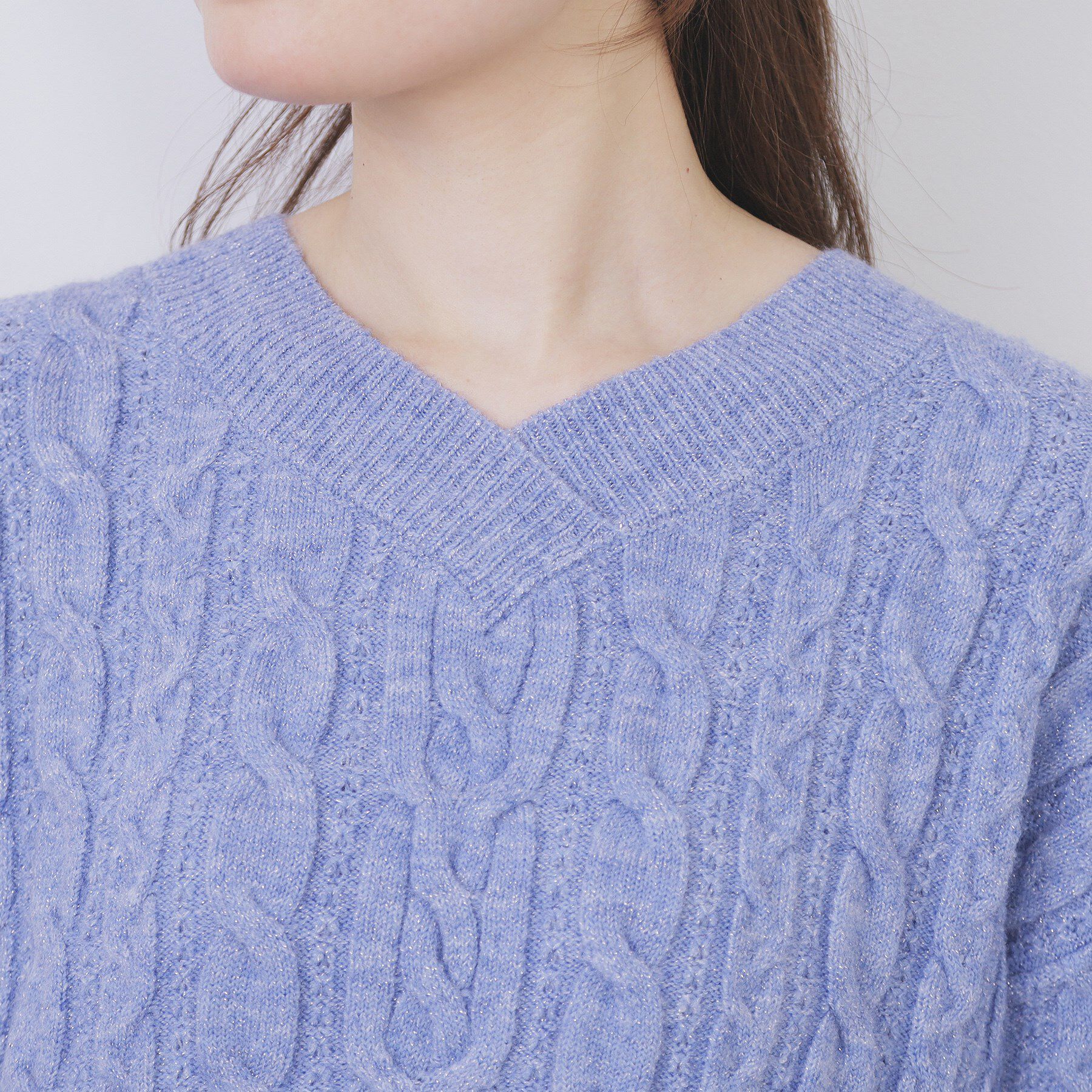 index「ラメ混ファンシーケーブルVネックニット【洗濯機OK】」|ニット・セーター|