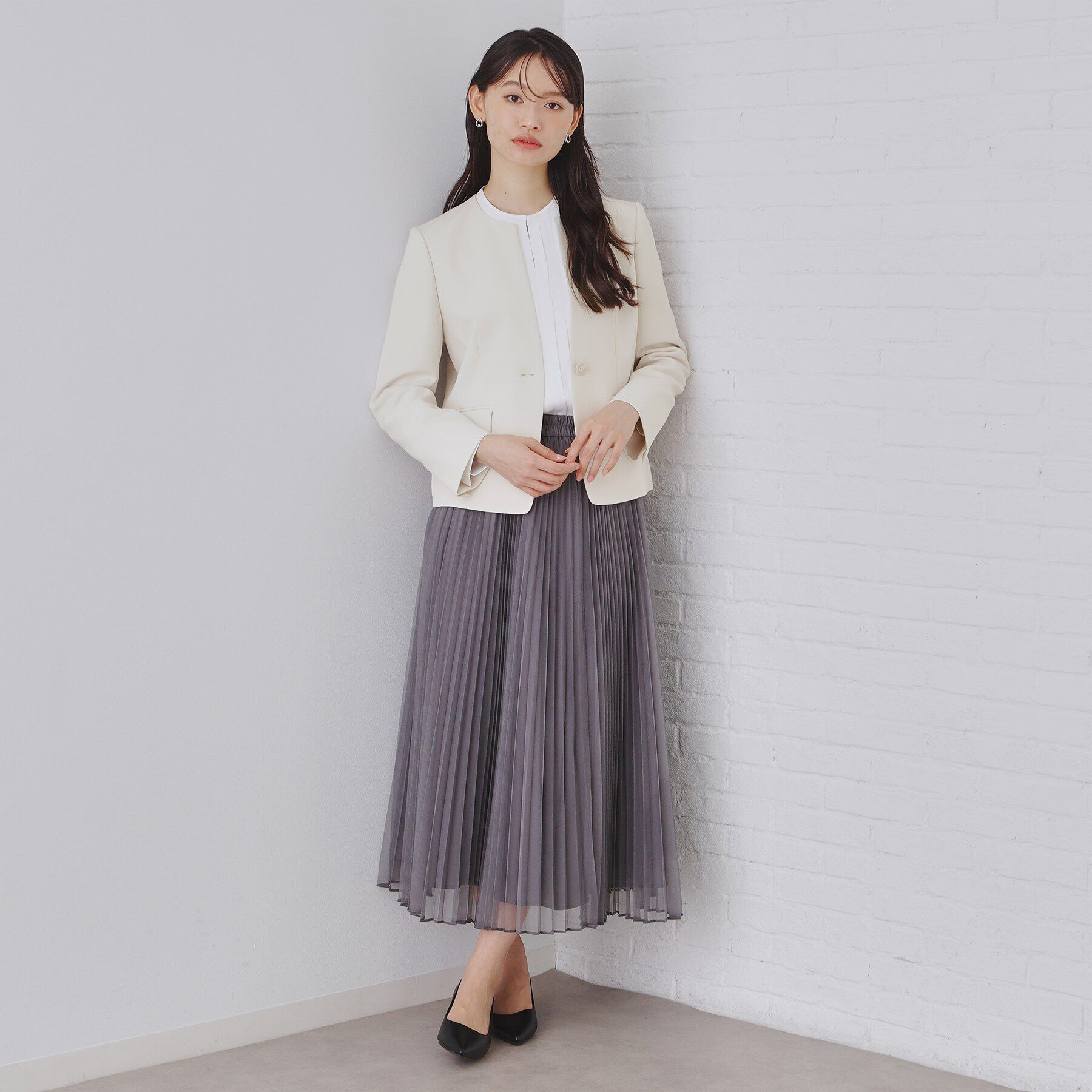 OPAQUE.CLIP「《通勤セットアップ対応》キーネックジャケットダブルクロス【洗濯機洗い可】」|ノーカラージャケット|