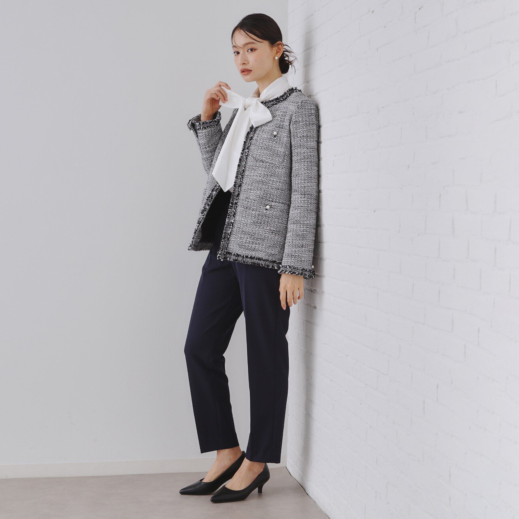 OPAQUE.CLIP「《通勤対応》コットンツイードミドルジャケット」|ノーカラージャケット|