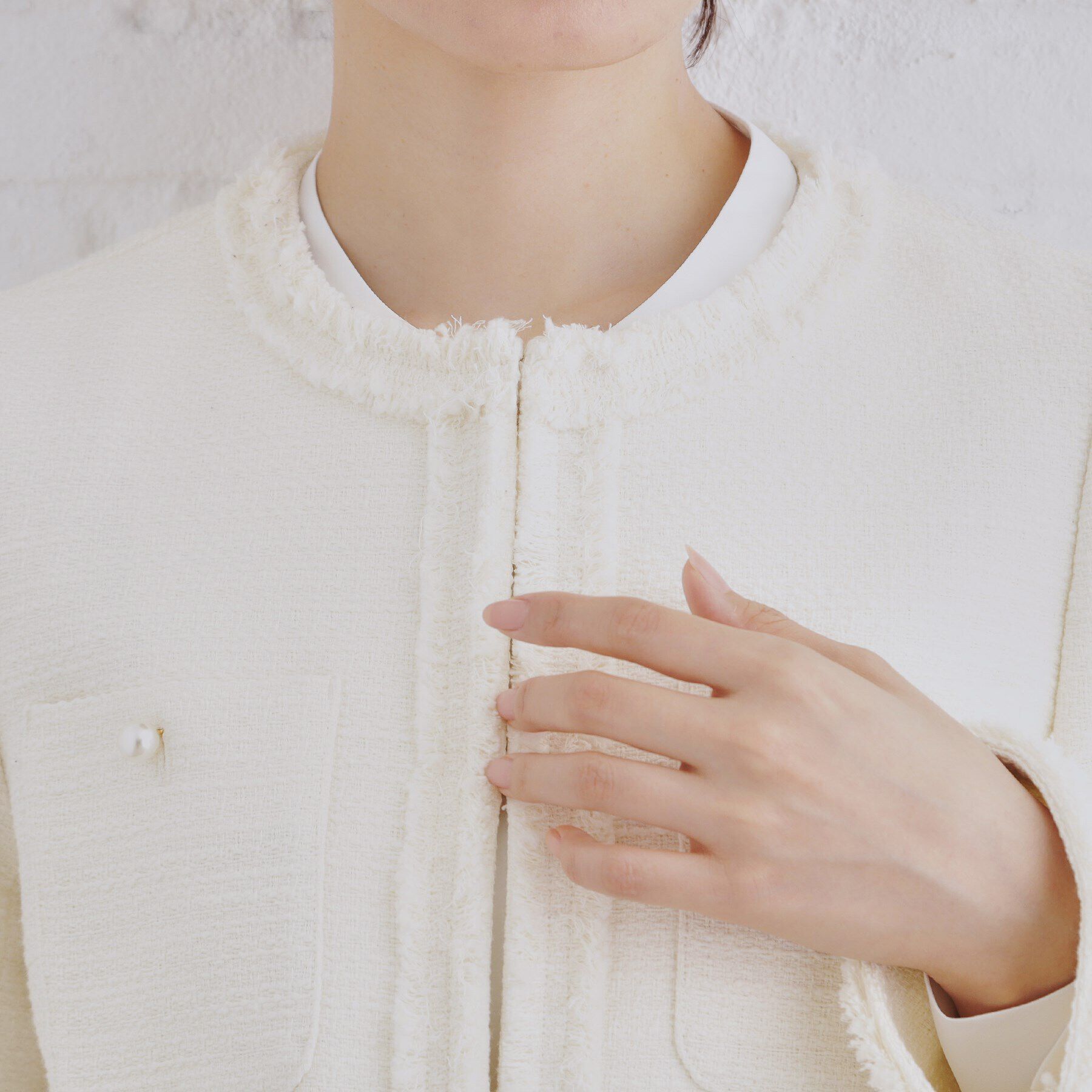 OPAQUE.CLIP「《通勤対応》コットンツイードミドルジャケット」|ノーカラージャケット|