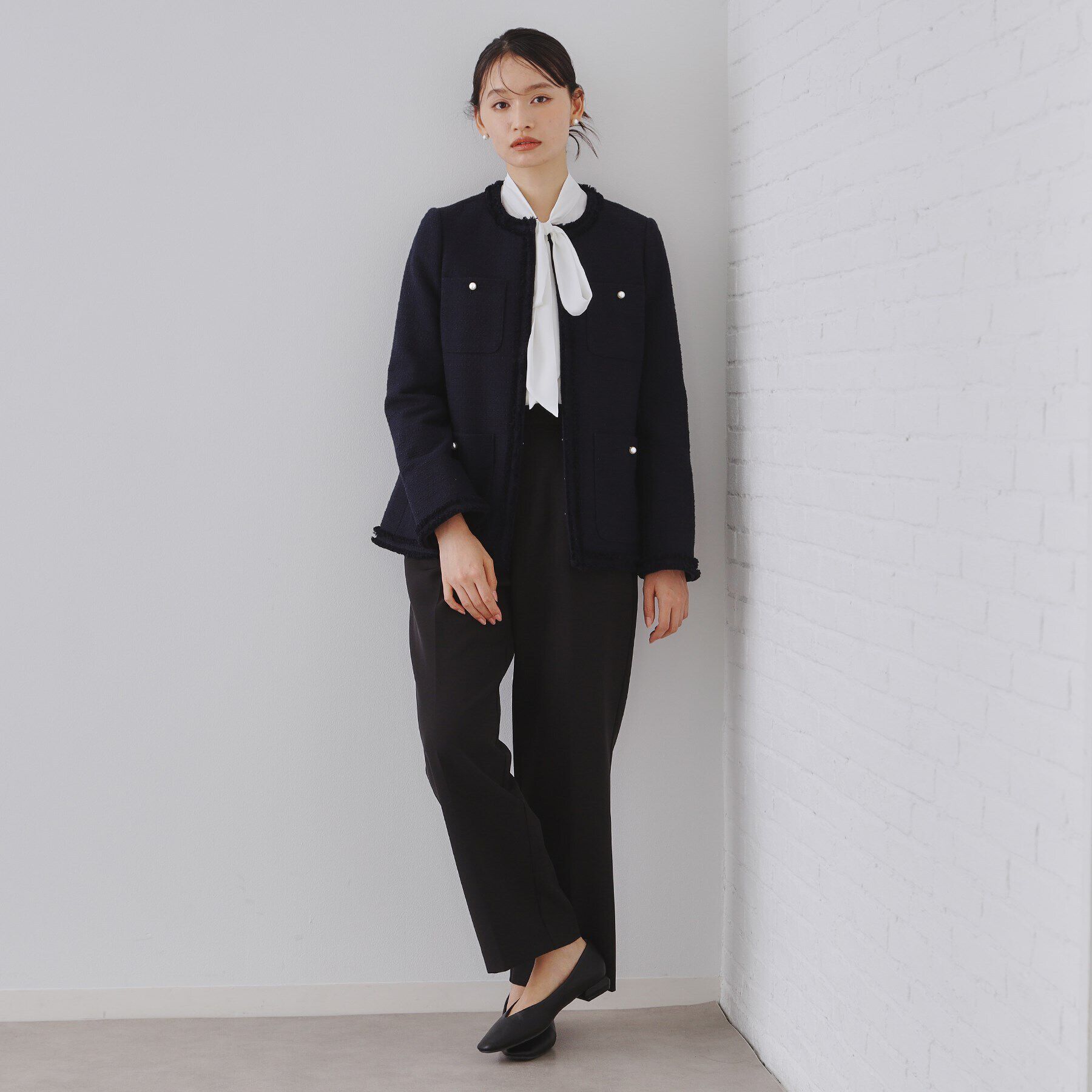 OPAQUE.CLIP「《通勤対応》コットンツイードミドルジャケット」|ノーカラージャケット|