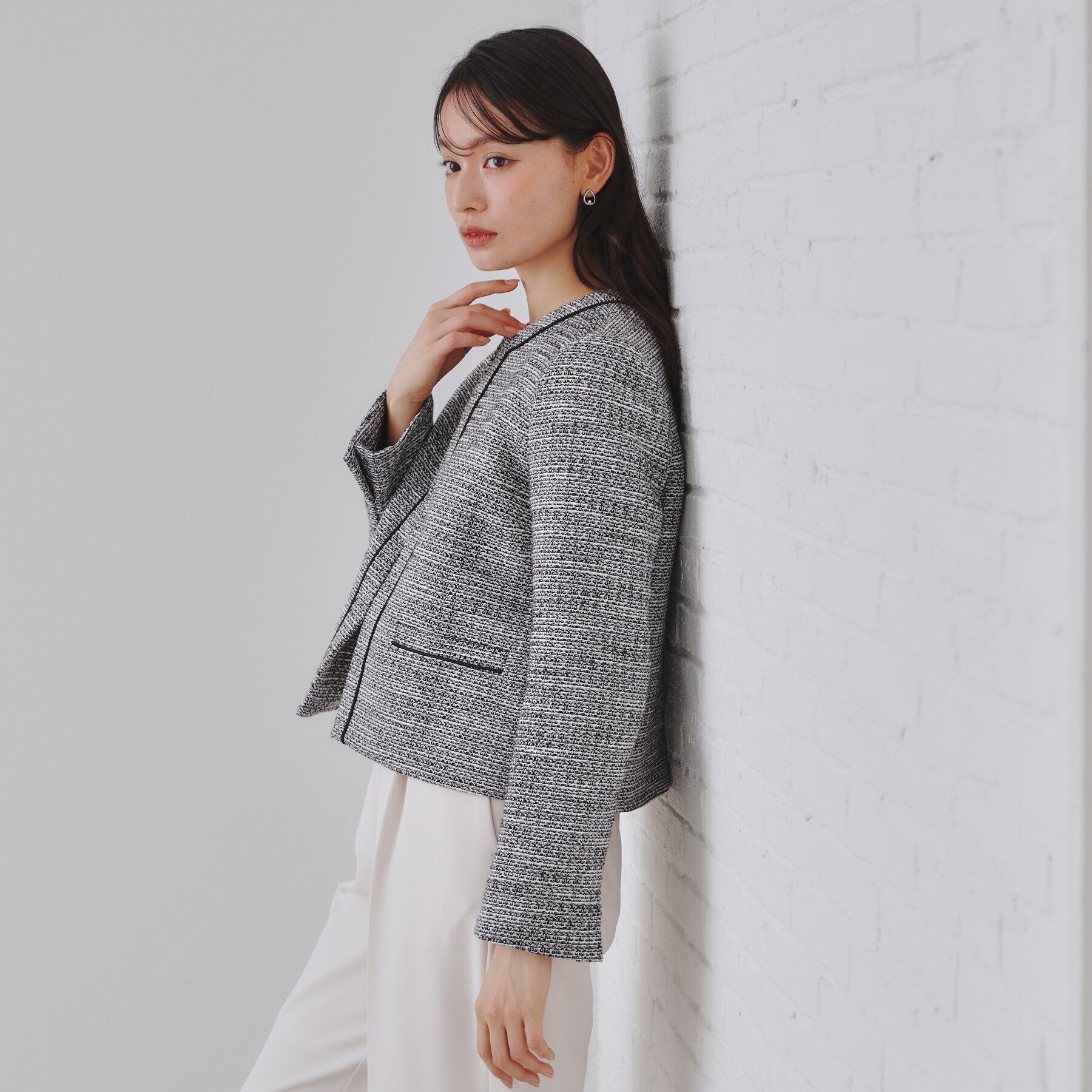 OPAQUE.CLIP「《通勤対応》コットンツイードジャケット」|ノーカラージャケット|