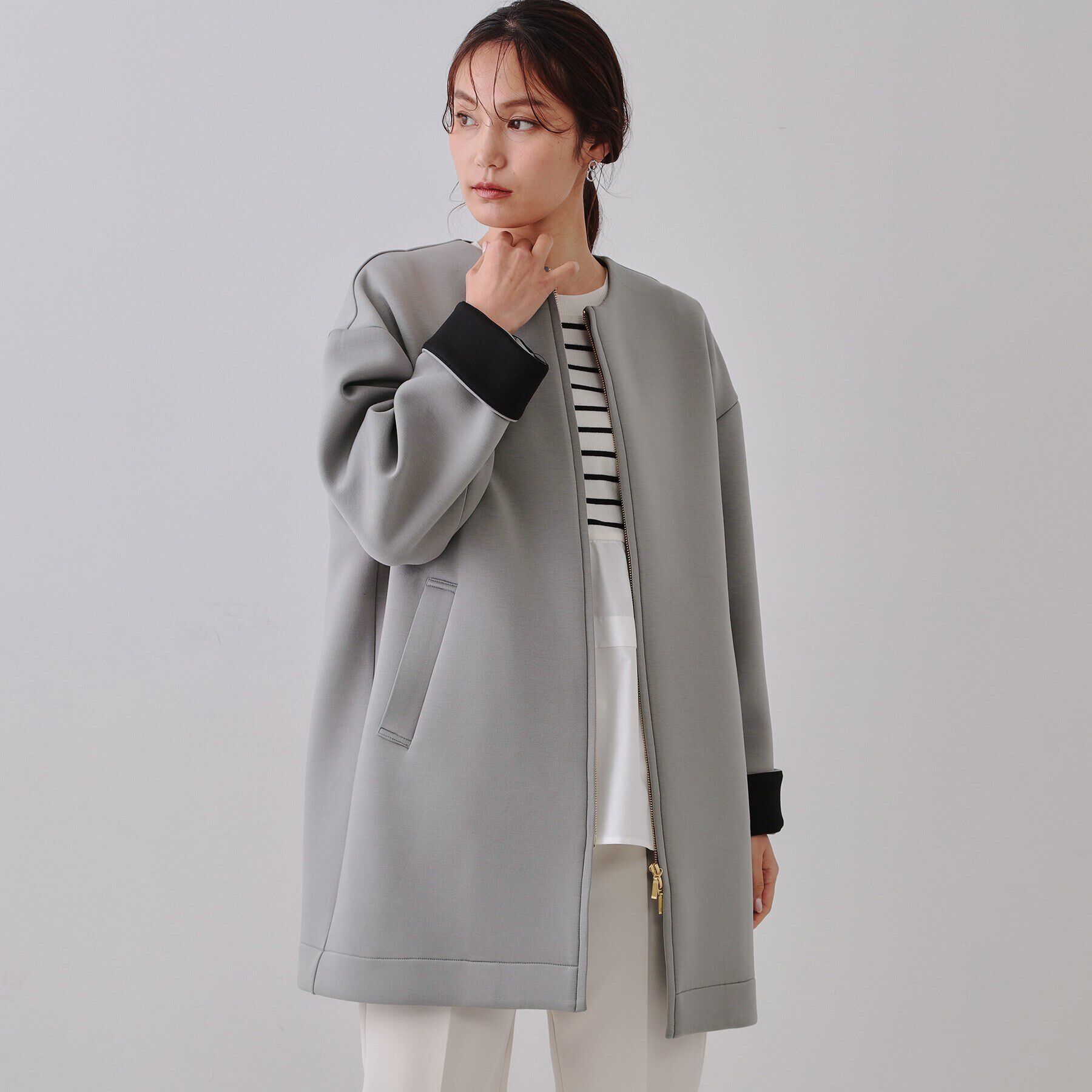 OPAQUE.CLIP「ノーカラーZIPミドルコート【洗濯機洗い可/抗ピル】」|ノーカラーコート|