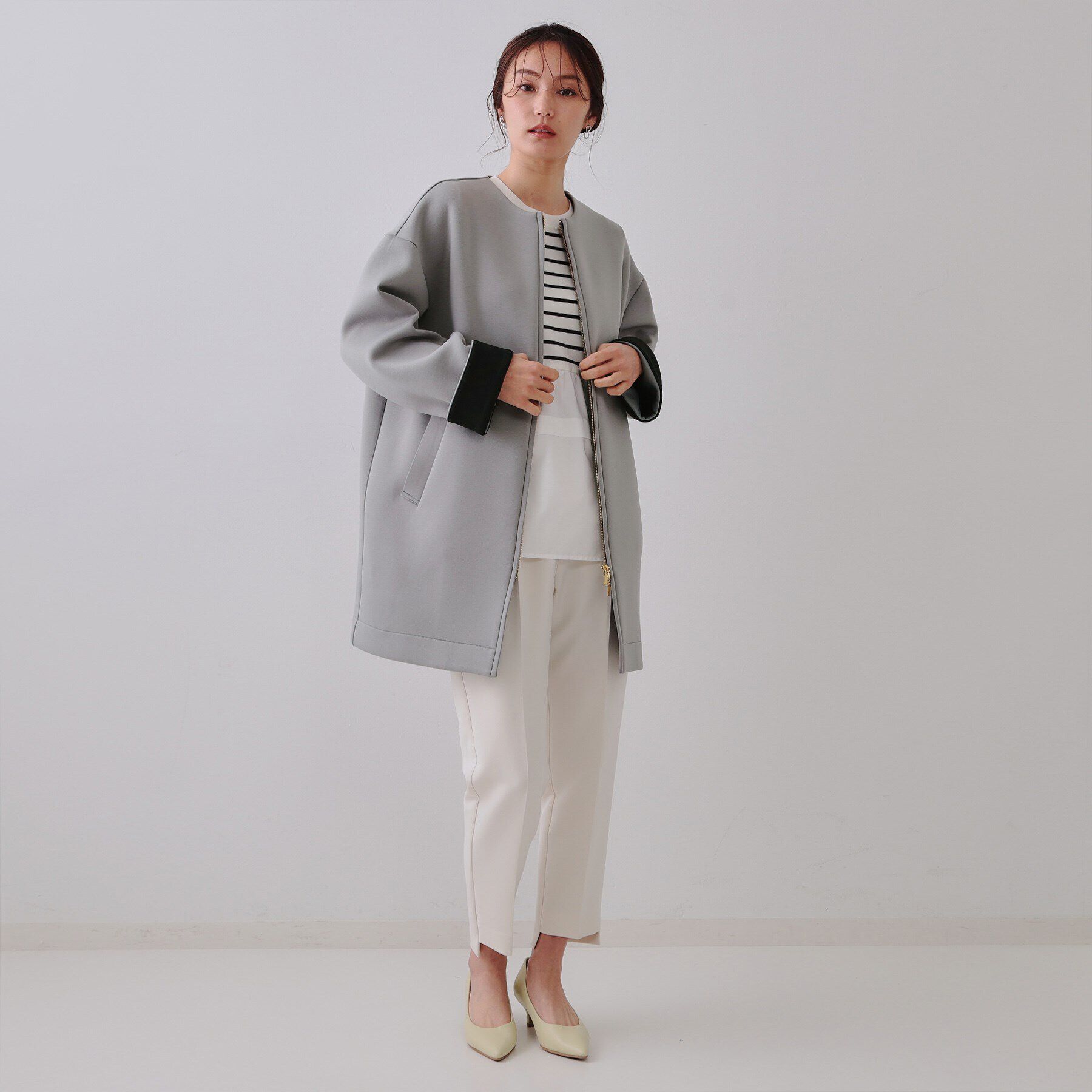 OPAQUE.CLIP「ノーカラーZIPミドルコート【洗濯機洗い可/抗ピル】」|ノーカラーコート|