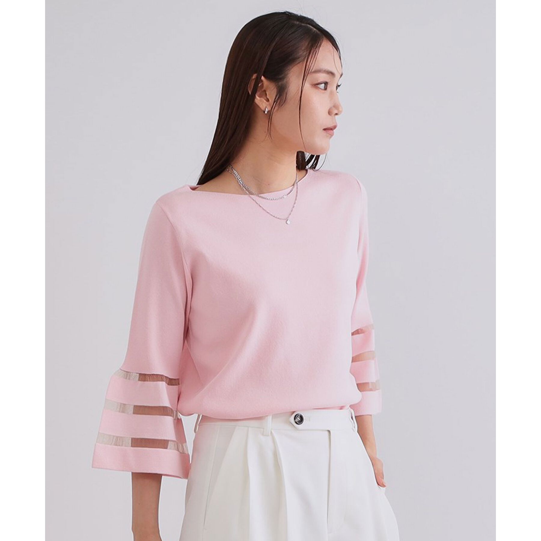 OPAQUE.CLIP「《6色展開》シアーボーダーフレアスリーブニット【洗濯機洗い可】」|ニット・セーター|